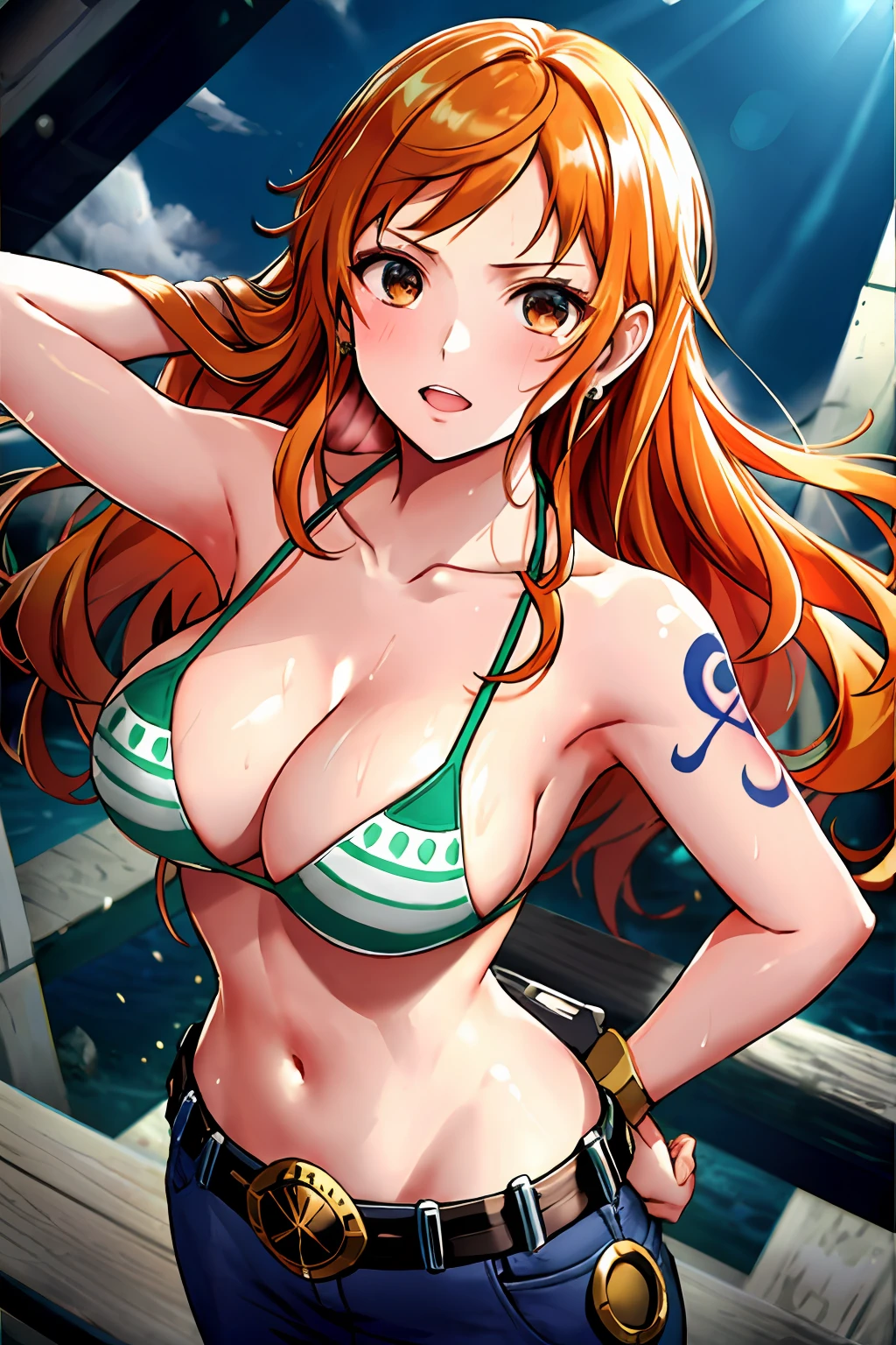 detailed background, masterpiece, 4k, best quality, late youth, adult, wrestler body, 1girl, active, energic, uppercut, (large mouth) , solo, nami \(one piece\), 1girl, bangle, (very wet, drenched in sweat, sweat all over body, very wet hair, tired, taking breath, open mouth, exhausted, sweaty face, sweaty body, panting, sweating too much, shiny sweat, sweaty armpit, leaning, hands on hips), perfect detailed face, bold drawing lines, muscular arms, detailed bold arm lines, flat jaw, adult woman, wavy wide streaked bangs, floating bang, (big cheeks), bare shoulders, off-shoulders, belt, bikini, bikini top only, blue sky, bracelet, springy breasts, breast lines, big round eyes, very big brown shiny eyes, bubbles, high eye position, cleavage, cloud, day, denim, earrings, floating hair, shiny hair, green belt, green bikini, bold groin lines, jeans, jewelry, medium breasts, log pose, long hair, looking at viewer, navel, wet hair, orange hair, pants, shoulder tattoo, sidelocks, sky, solo, standing, stomach, swimsuit, tattoo , looking at viewer, open mouth, detailed left arm, big forehead, hourglass figure, small head, toned body, wide hair, wind effect, sun effect, under the sun, narrow small ears angle, older, random poses,