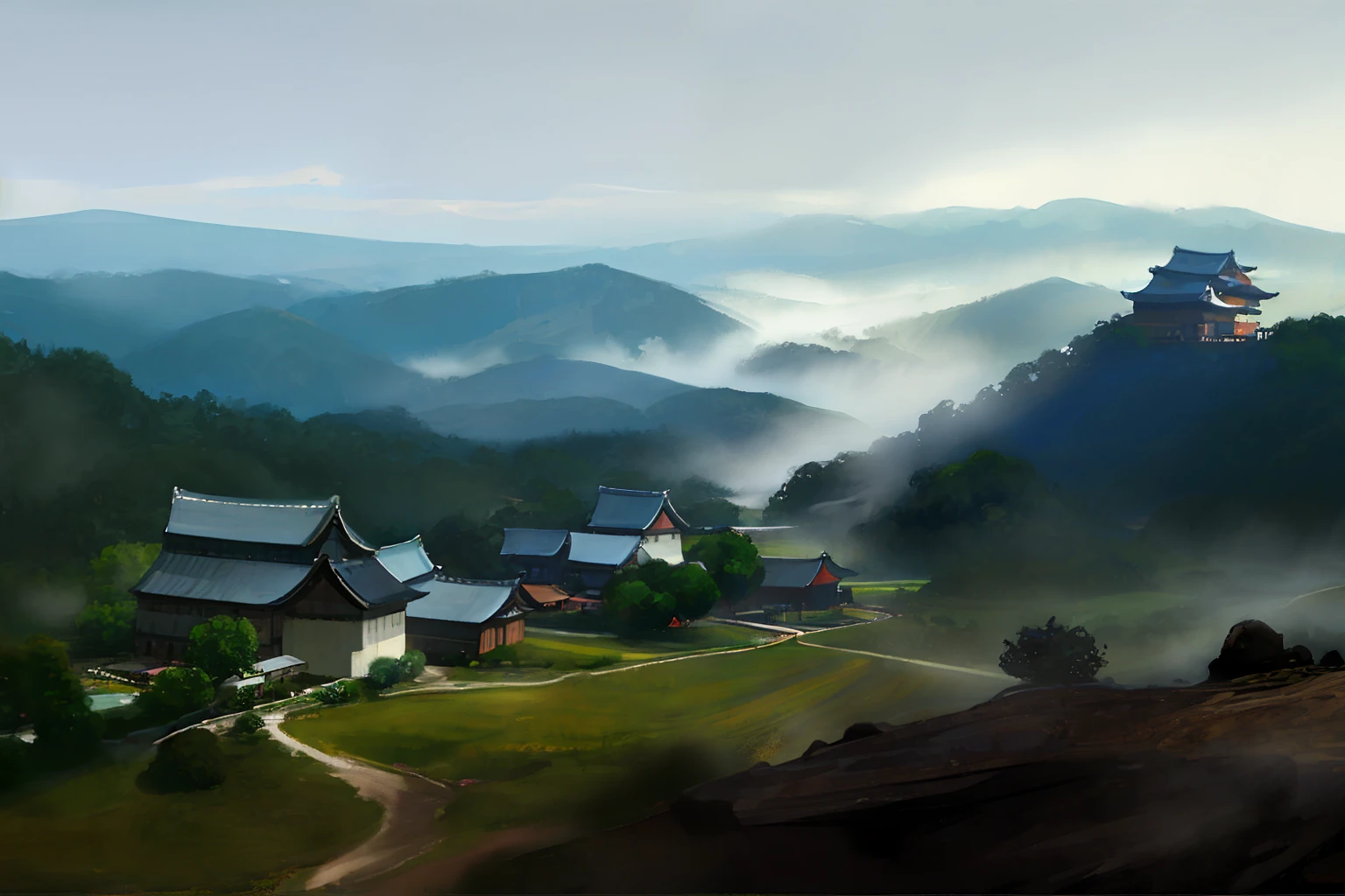 Fog，villages，Tano，and harmonious，scenecy