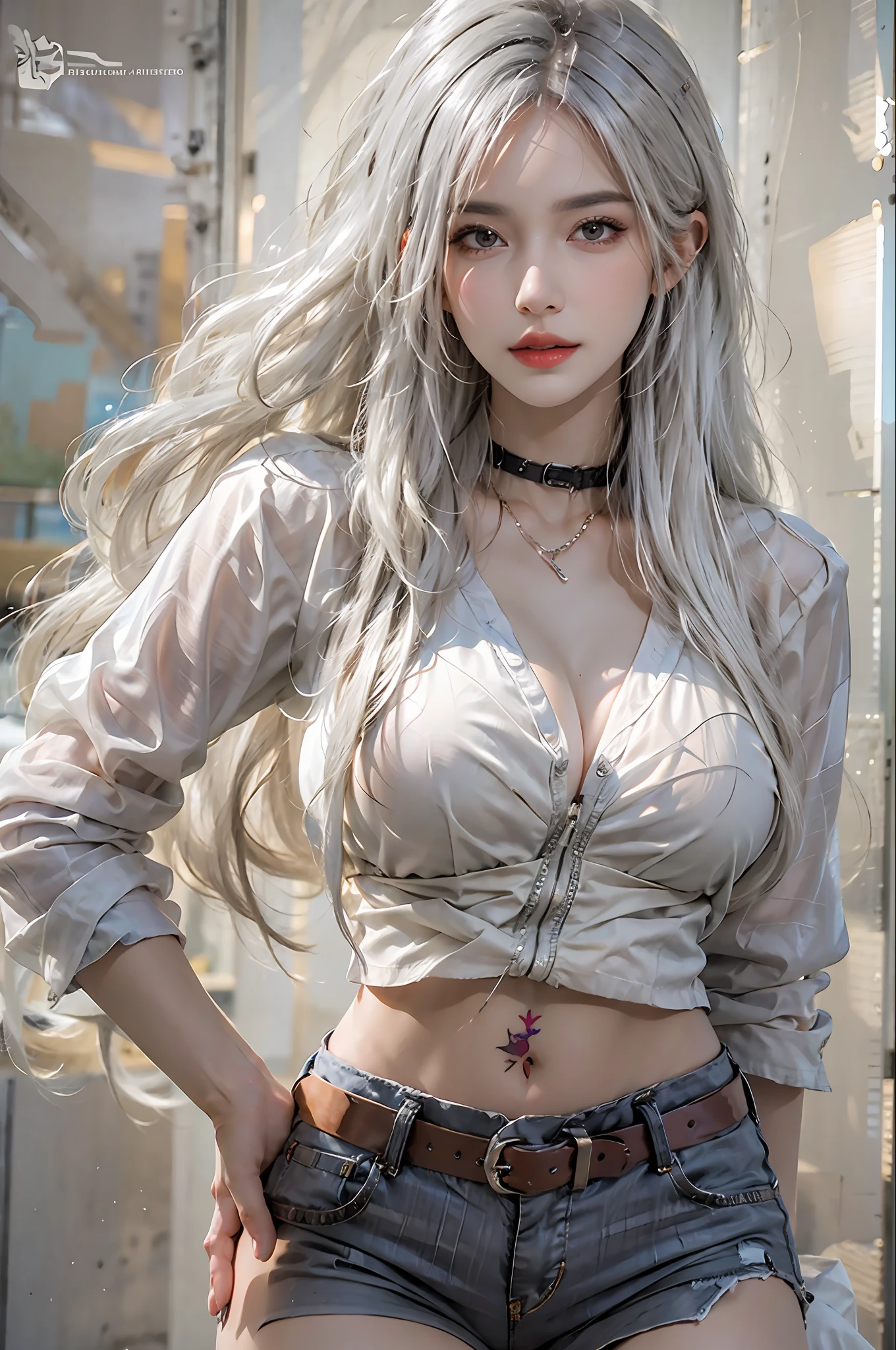 photorealistic, high resolution, 1women, solo, hips up, look at viewer, (detailed face), white hair, long hair, medium breasts, one tattoo on crotch