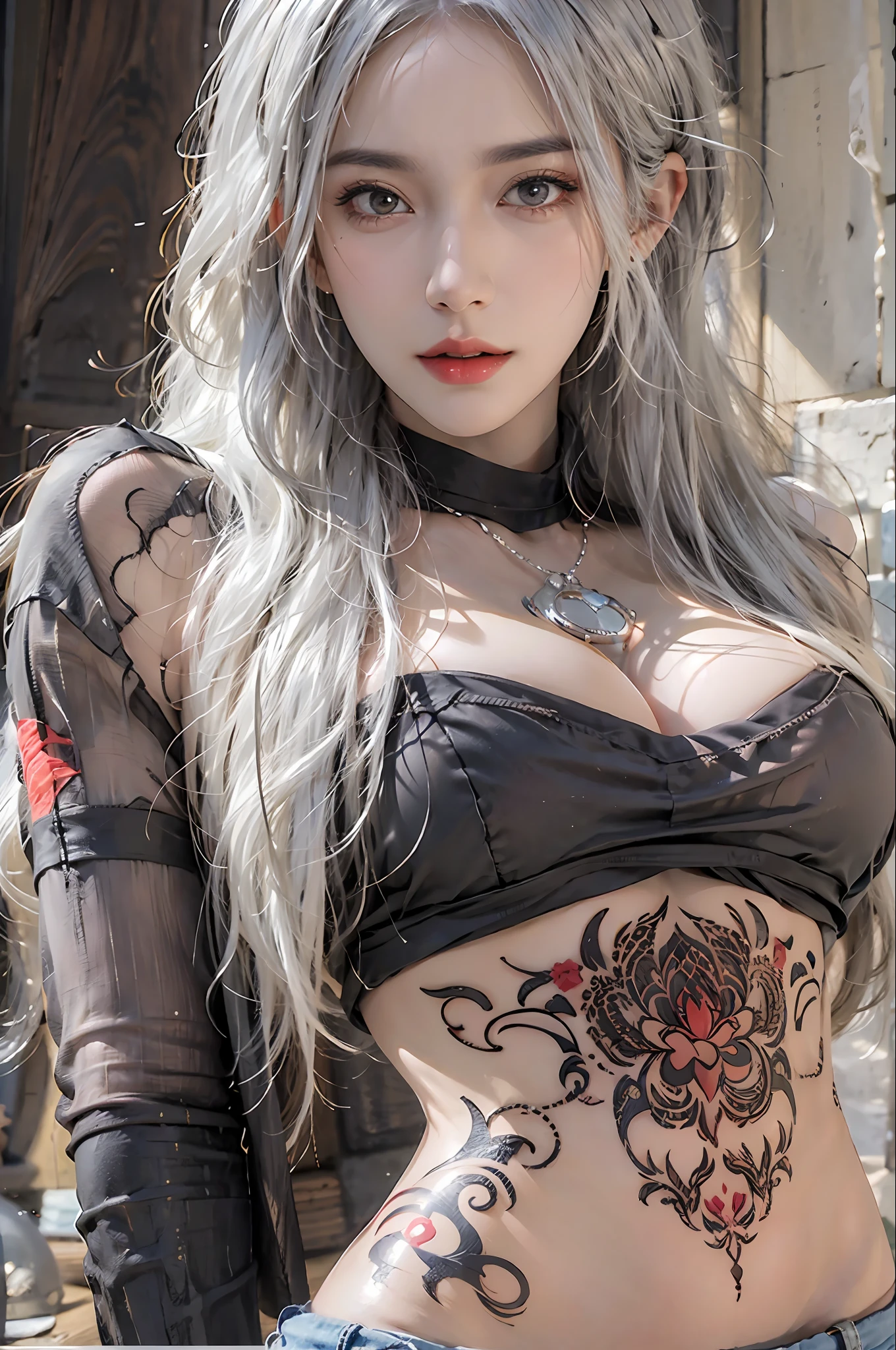 photorealistic, high resolution, 1women, solo, hips up, look at viewer, (detailed face), white hair, long hair, medium breasts, one tattoo on crotch