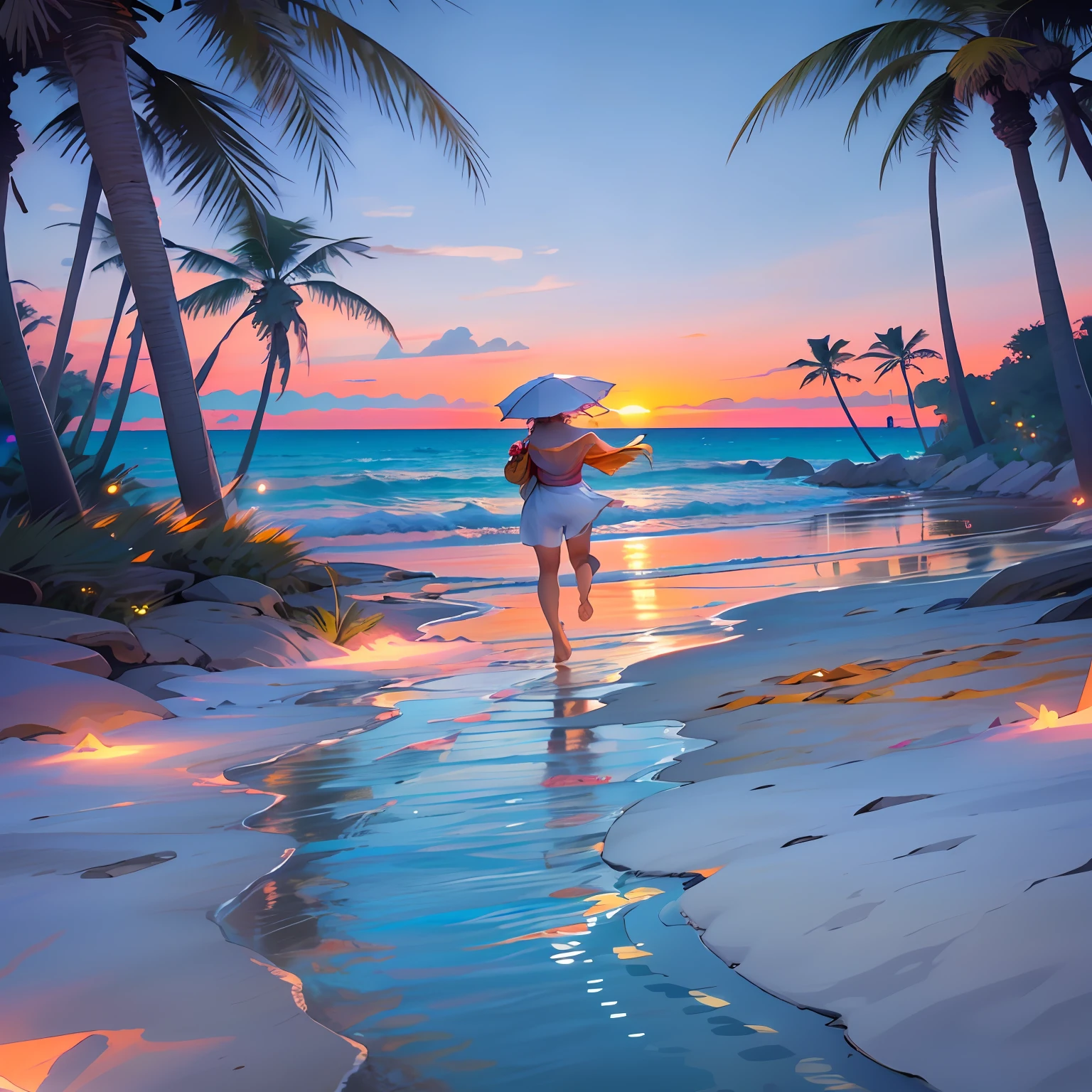 An absolutely enchanting sunset on the beach mixed with oranges, pinks and yellows in the sky. The water is crystal clear、White sand is endless. The scene is dynamic and breathtaking, Seagulls soar into the air、Swaying palm trees. Immerse yourself in a calm atmosphere、Surrounded by tranquil surroundings.