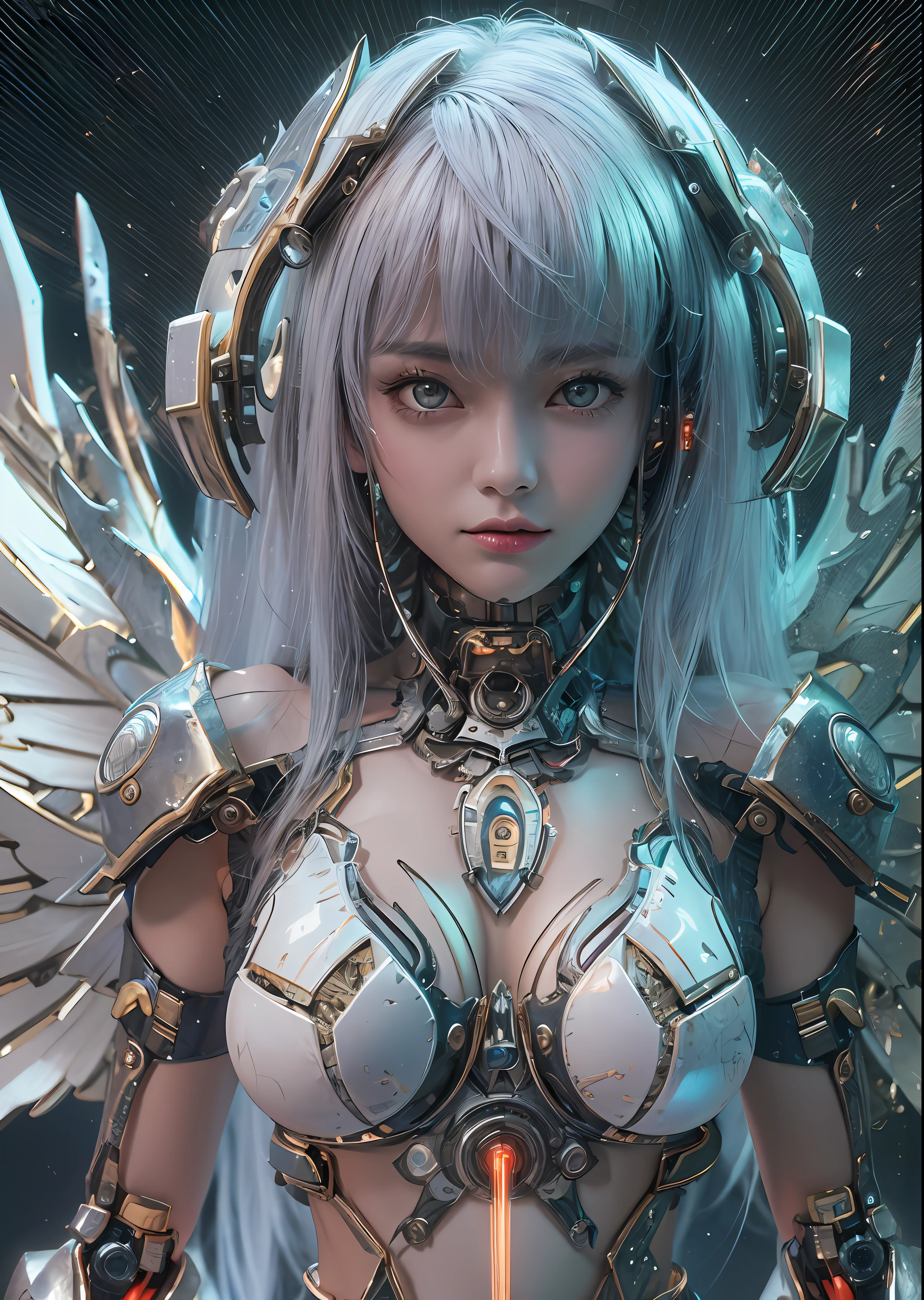 top-quality、masterpiece、超A high resolution、(Photorealsitic:1.4)、Raw photo、Battle Cyborg Angel、large wings made of metal、White porcelain body、Acrylic Clear Cover、white hair、glowy skin、1 Cyborg Girl、((super realistic details))、portlate、globalillumination、Shadow、octan render、8K、ultrasharp、character edge light,Colossal tits、Raw skin is exposed in cleavage、Details of complex ornaments、Egyptian Detail、Hydraulic cylinder、Small LED lamp、highly intricate detail、Realistic light、a purple eye、radiant eyes、Facing the camera、neon details、cowboy shot、Futuristic headgear、About Cyberpunk、、