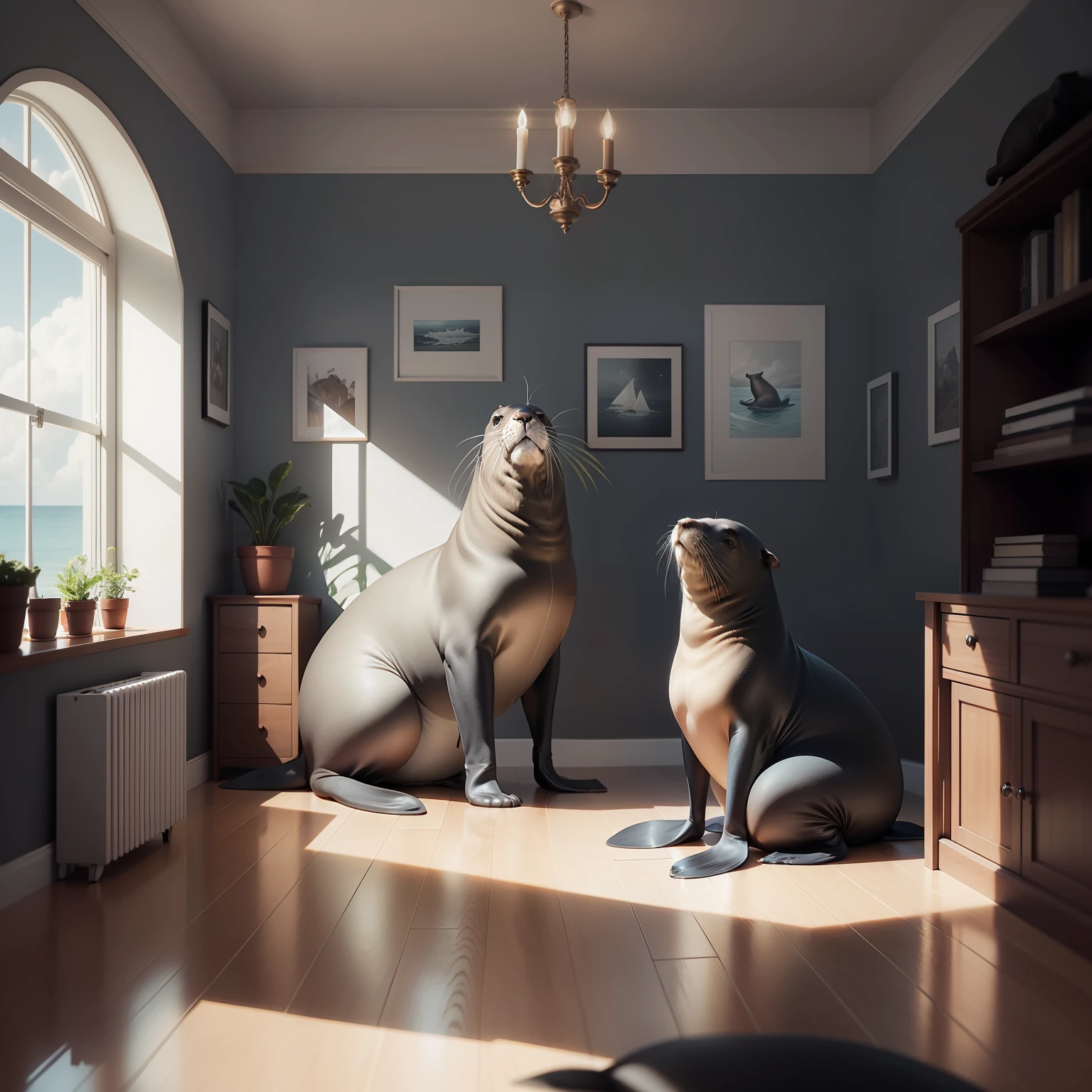 sea lion, Em um quarto, high resolution, desenho de fantasia, pencil strokes, preto e branco