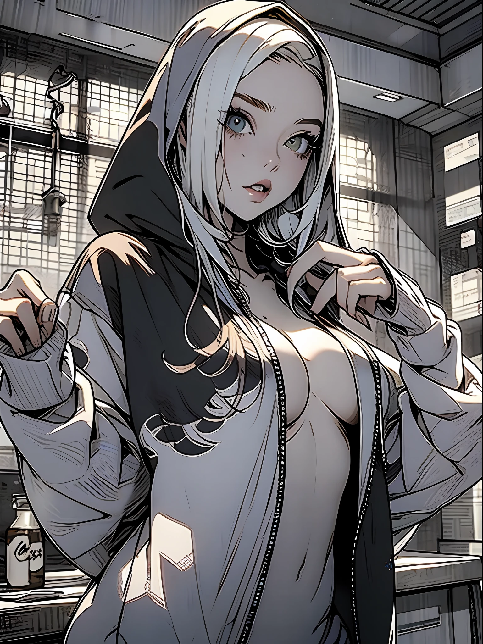 Naked hoodie, nijistyle, Uma garota sapeca com uma blusa de moleton aberta mostrando os seios grandes e empinados, cena sexy, naked hoodie, nijistyle, (( melhor qualidade )), (( obra-prima))