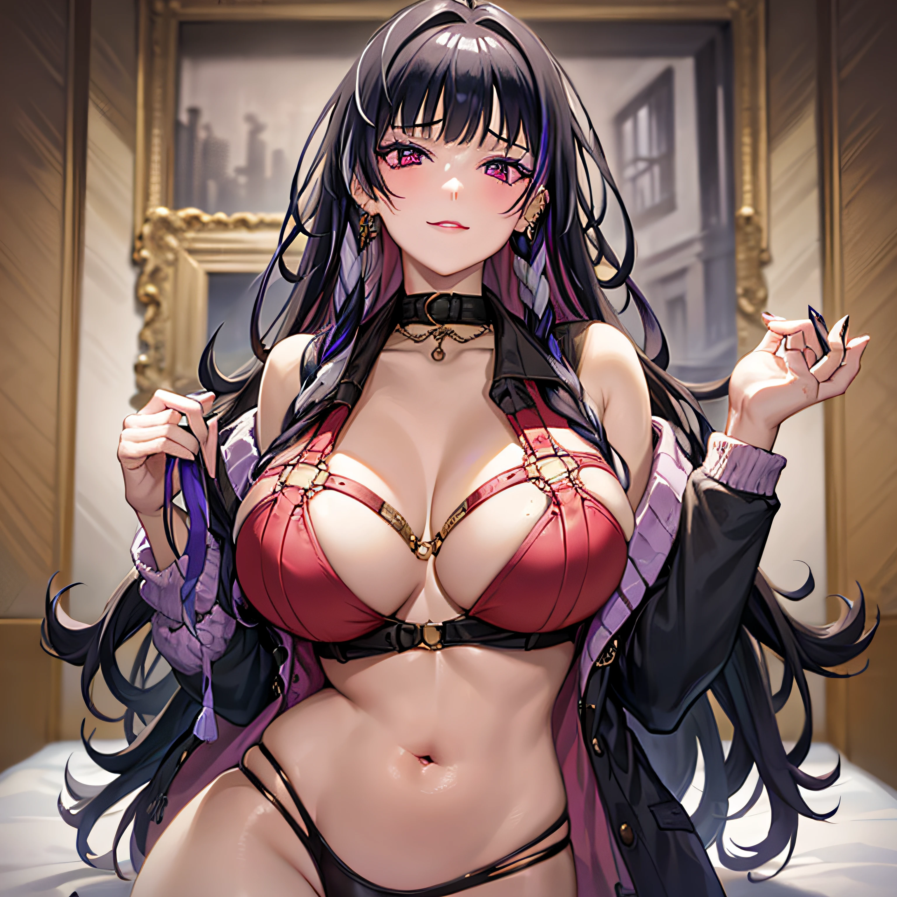 Masterpiece, high resolution, high quality, detailed face, detailed body visualization, detailed fingers,beautiful hands,1girl, solo, Hyūga Hinata, hinata-sleeveless outfit, big breasts, big breasts, sleeveless shirt, openwork top, dark lips, unbuttoned jacket, no bra, breasts out, nipple, standing, blush, (in the bedroom), BIG ASS OUT