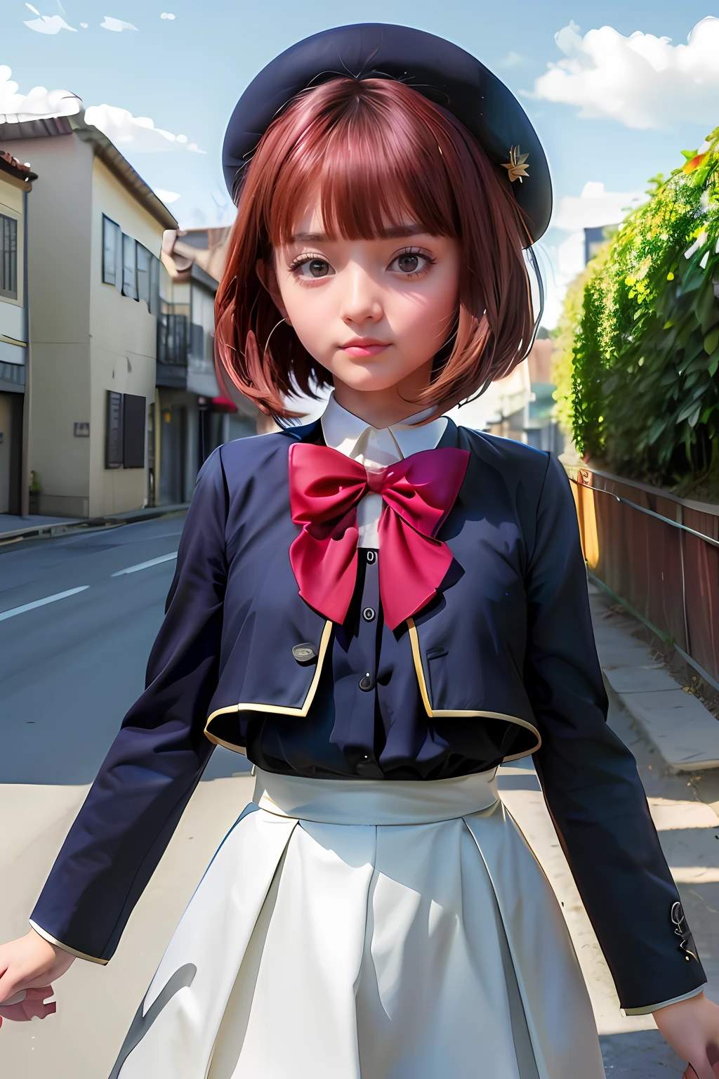 1girl, Arima kana, 21 anos, cabelos vermelhos, olhos vermelhos, boina, (realista: 1.3), finamente detalhado, qualidade, (obra-prima: 1.2), (fotorrealista: 1.2), (melhor qualidade), (pele detalhada: 1.3), (detalhes intrincados), dramatic, ray tracing, fotografia, Banhado em sombras, Visual novel, Hopeful, Moonlight, film grain, Kodak gold 200, Profundidade de campo 100mm, Flickr