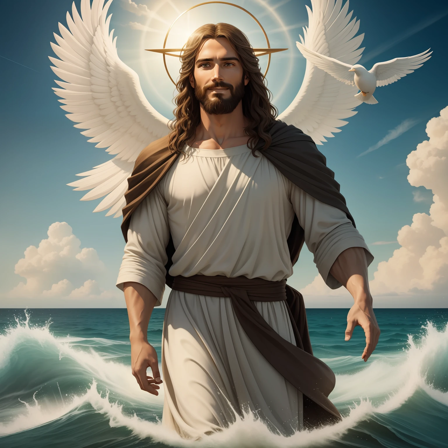 Real Jesus walking on water with a flying cloud in the background, Jesus walking on water, biblical illustration, epic biblical representation, forcing him to flee, coming out of the ocean, ! holding in hand!, disembarking, god of the ocean, beautiful representation, 8k 3D Model, realistic,
a 3D Realistic of jesus with a halo in the sky, jesus christ, smiling in heaven, portrait of jesus christ, jesus face, 35 young almighty god, portrait of a heavenly god, greg olsen, gigachad jesus, jesus of nazareth, jesus, the face of god, god looking at me, he is greeting you warmly, he is happy, avatar image