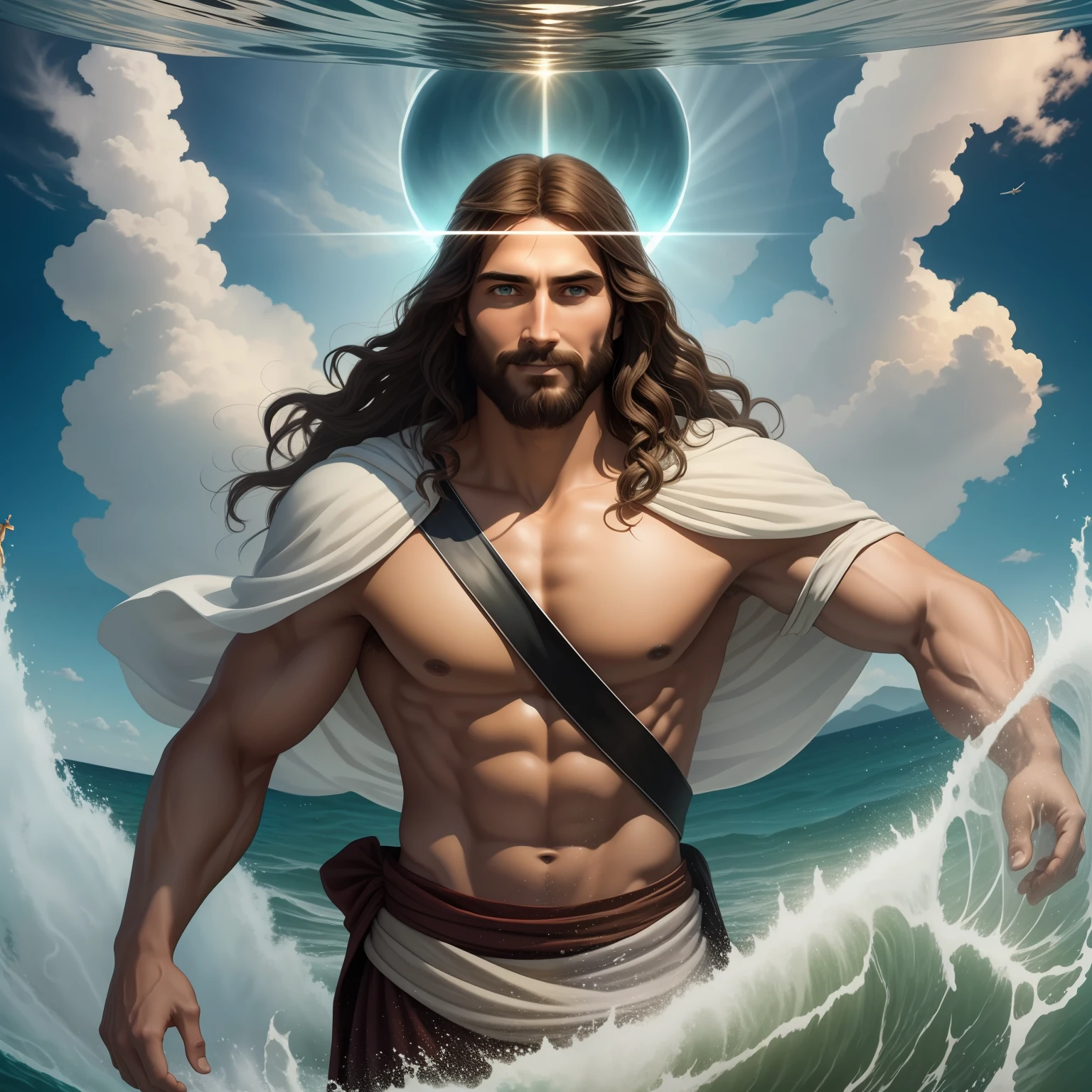Real Jesus walking on water with a flying cloud in the background, Jesus walking on water, biblical illustration, epic biblical representation, forcing him to flee, coming out of the ocean, ! holding in hand!, disembarking, god of the ocean, beautiful representation, 8k 3D Model, realistic,
a 3D Realistic of jesus with a halo in the sky, jesus christ, smiling in heaven, portrait of jesus christ, jesus face, 35 young almighty god, portrait of a heavenly god, greg olsen, gigachad jesus, jesus of nazareth, jesus, the face of god, god looking at me, he is greeting you warmly, he is happy, avatar image