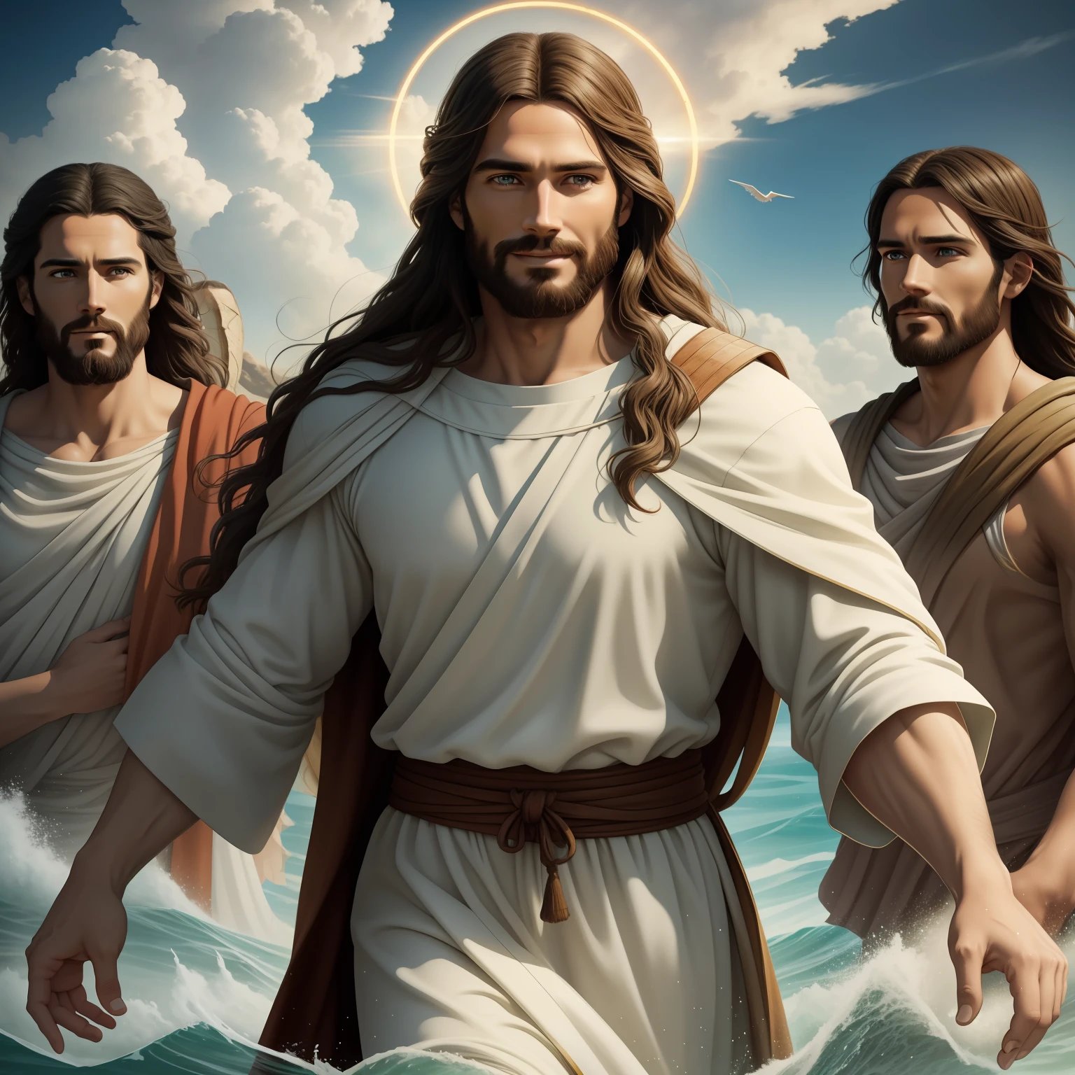 Real Jesus walking on water with a flying cloud in the background, Jesus walking on water, biblical illustration, epic biblical representation, forcing him to flee, coming out of the ocean, ! holding in hand!, disembarking, god of the ocean, beautiful representation, 8k 3D Model, realistic,
a 3D Realistic of jesus with a halo in the sky, jesus christ, smiling in heaven, portrait of jesus christ, jesus face, 35 young almighty god, portrait of a heavenly god, greg olsen, gigachad jesus, jesus of nazareth, jesus, the face of god, god looking at me, he is greeting you warmly, he is happy, avatar image