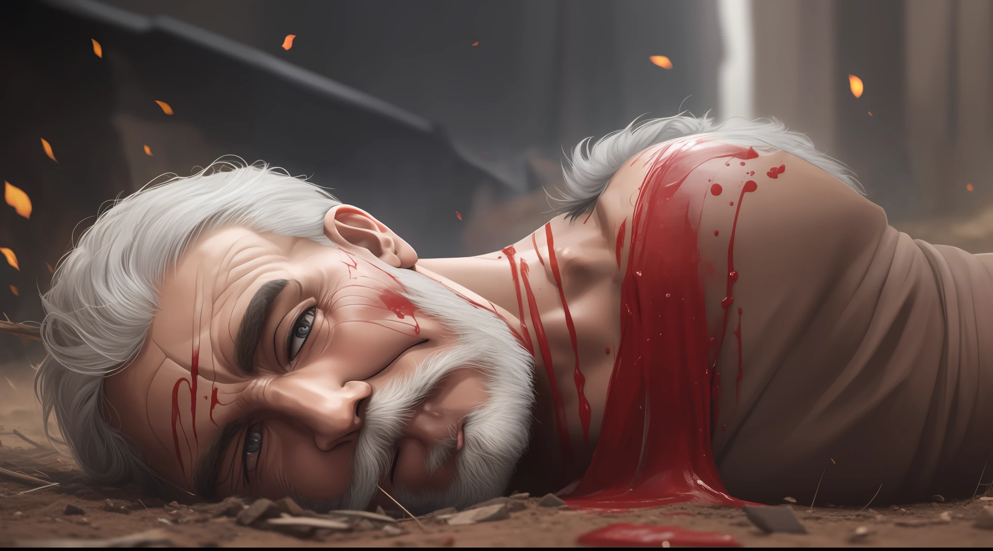 Homem velho, barba grisalha, 8k, Fallen to the ground, cheio de sangue no rosto, com uma capa nas costas