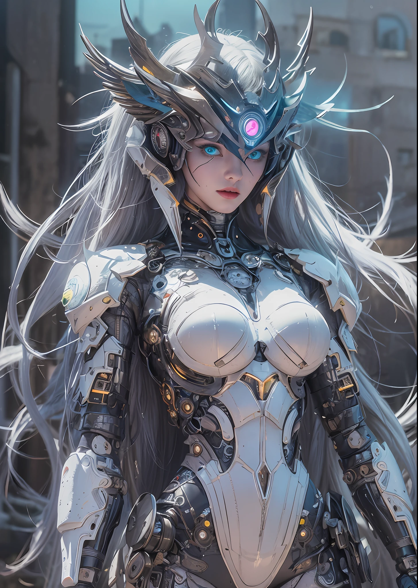 top-quality、masterpiece、超A high resolution、(Photorealsitic:1.4)、Raw photo、Battle Cyborg Angel、large wings made of metal、White porcelain body、Acrylic Clear Cover、white hair、glowy skin、1 Cyborg Girl、((super realistic details))、portlate、globalillumination、Shadow、octan render、8K、ultrasharp、character edge light,Colossal tits、Raw skin is exposed in cleavage、Details of complex ornaments、Egyptian Detail、Hydraulic cylinder、Small LED lamp、highly intricate detail、Realistic light、a purple eye、radiant eyes、Facing the camera、neon details、cowboy shot、Futuristic headgear、About Cyberpunk、、