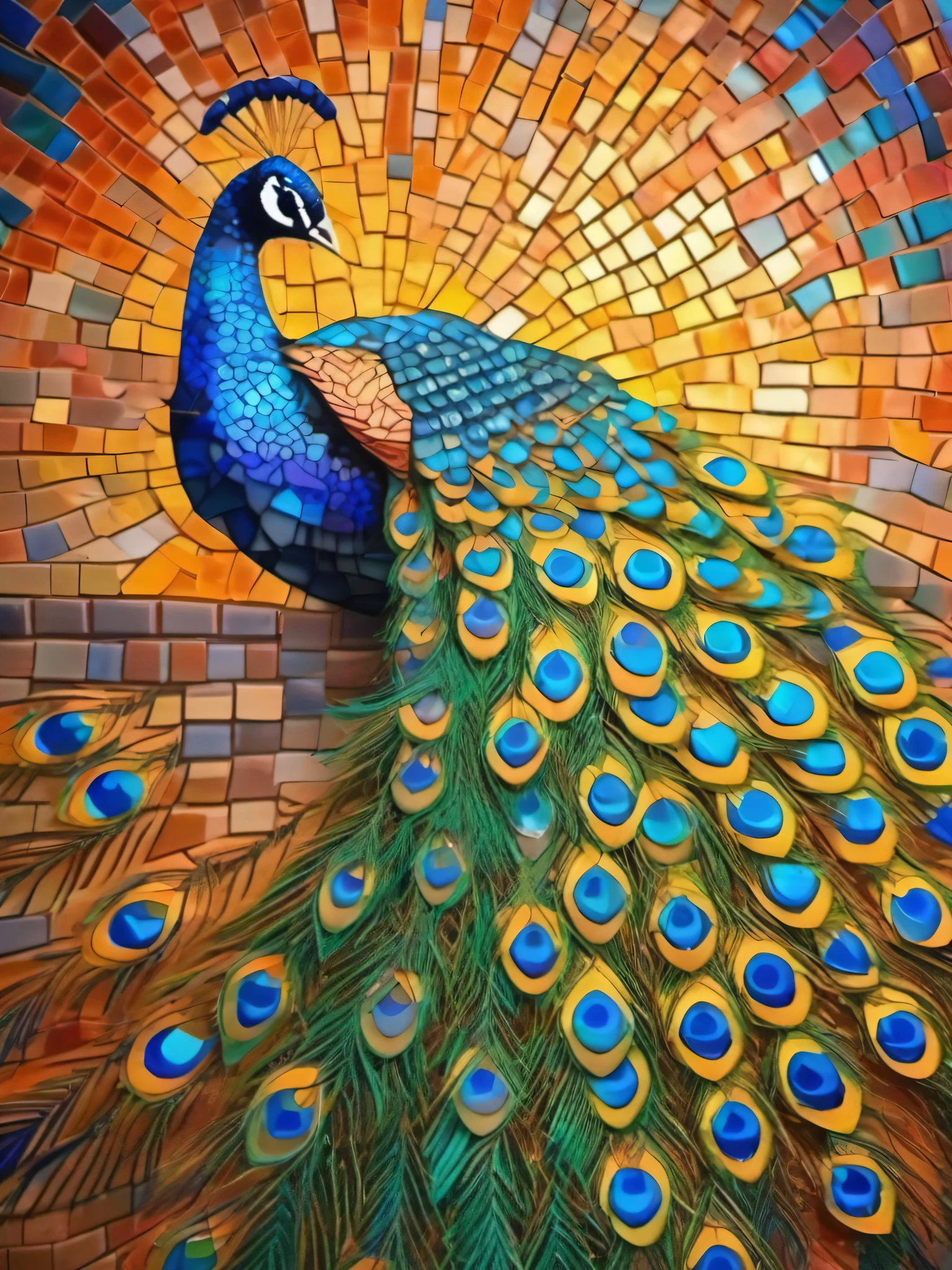 Mosaic art style peacock, vibrant colors, indoor environment, soft lighting, calm mood, close-up composition