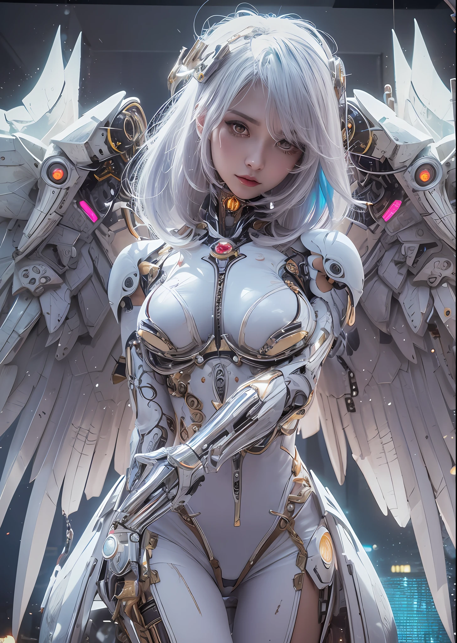 top-quality、masterpiece、超A high resolution、(Photorealsitic:1.4)、Raw photo、Battle Cyborg Angel、large wings made of metal、White porcelain body、Acrylic Clear Cover、white hair、glowy skin、1 Cyborg Girl、((super realistic details))、portlate、globalillumination、Shadow、octan render、8K、ultrasharp、character edge light,Colossal tits、Raw skin is exposed in cleavage、Details of complex ornaments、Egyptian Detail、Hydraulic cylinder、Small LED lamp、highly intricate detail、Realistic light、a purple eye、radiant eyes、Facing the camera、neon details、cowboy shot、Futuristic headgear、About Cyberpunk、、