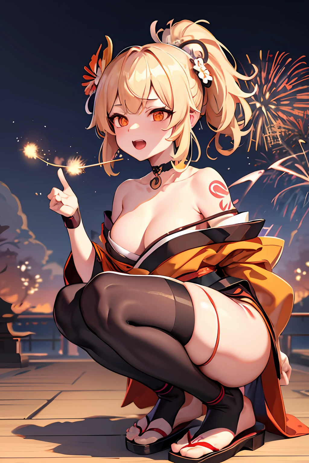 masterpiece, exquisite, high-resolution, single woman, blonde, medium hair, asymmetrical hair, floating hair, blindfold, high ponytail, side lock, hair ornament, fish hair ornament, tassels, kanzashi, bangs, orange eyes, open mouth, smile, teeth, upper teeth only, choker, red choker, pendant choker, butterfly choker, collarbone, tattoo, chest tattoo, flower tattoo, cleavage, middle chest, thighs, bandages, bandaged legs, sarashi, budget sarashi, chest sarashi, black sash, hadanugi dosa,, kimono, kimono, drawstring, obi, obiage, obijime, orange kimono, drawstring, patterned kimono, rope, obi, shimenawa, short kimono, bare shoulder, genshin, east east Asian architecture, cherry blossoms, full body, squatting, sparkler, night, fireworks, fireworks, legs crossed, Feet, Single Gloves, Single Fingerless Gloves, Wristband, Black Socks,