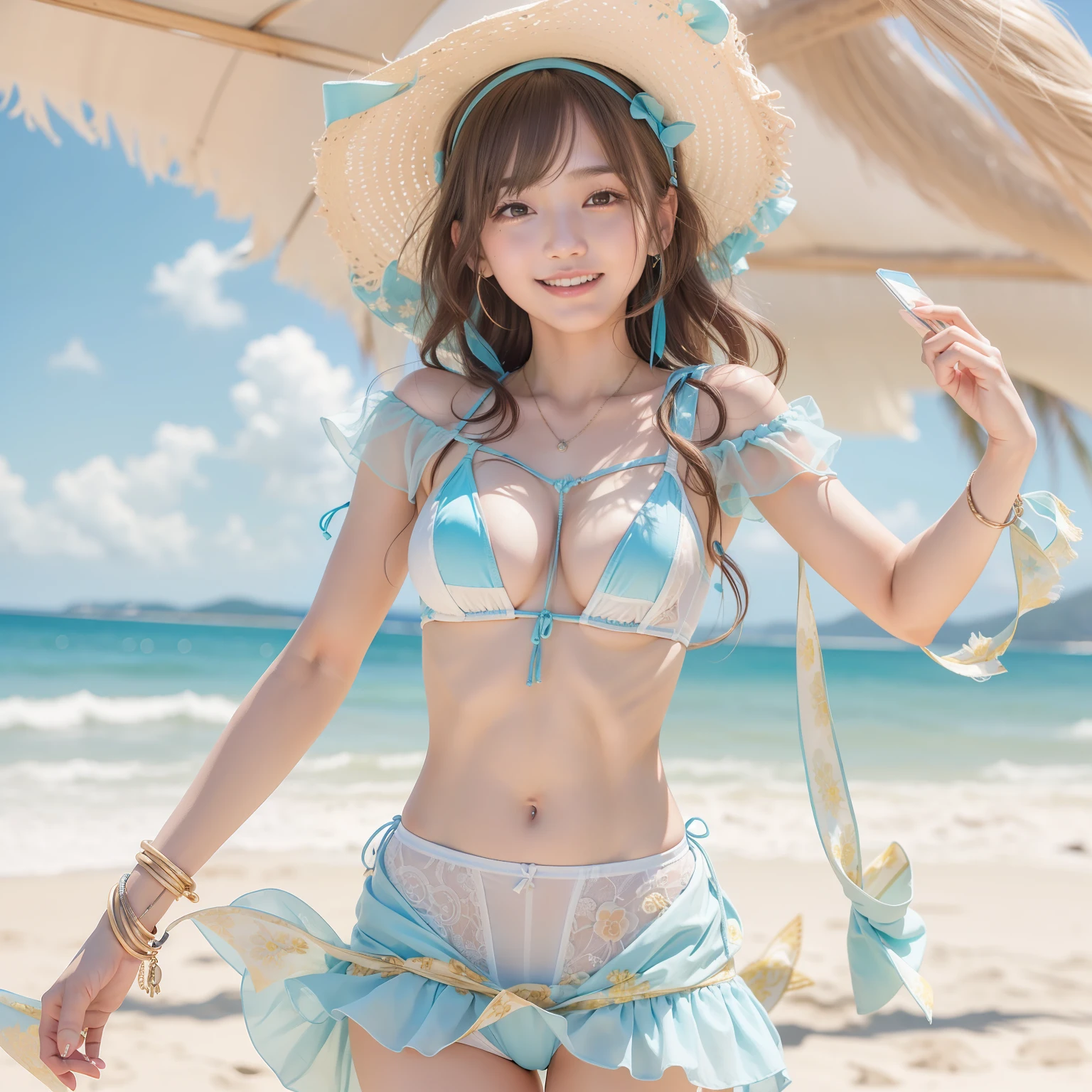 (top-quality、Top image quality、超A high resolution)、(masterpiece)、18year old、独奏、Realistic young idol、(small tits、flat-chest: 1.5)、tiny chest、Happy smiling face、childlike 、Ultra-detailed and realistic skin、Precise hands、Brown hair、Background is beach and blue sky、Walking on the beach in summer、blue open sky、thin fabric swimsuit、Fancy Micro Bikini、Super detailed and beautiful face、Full body photo