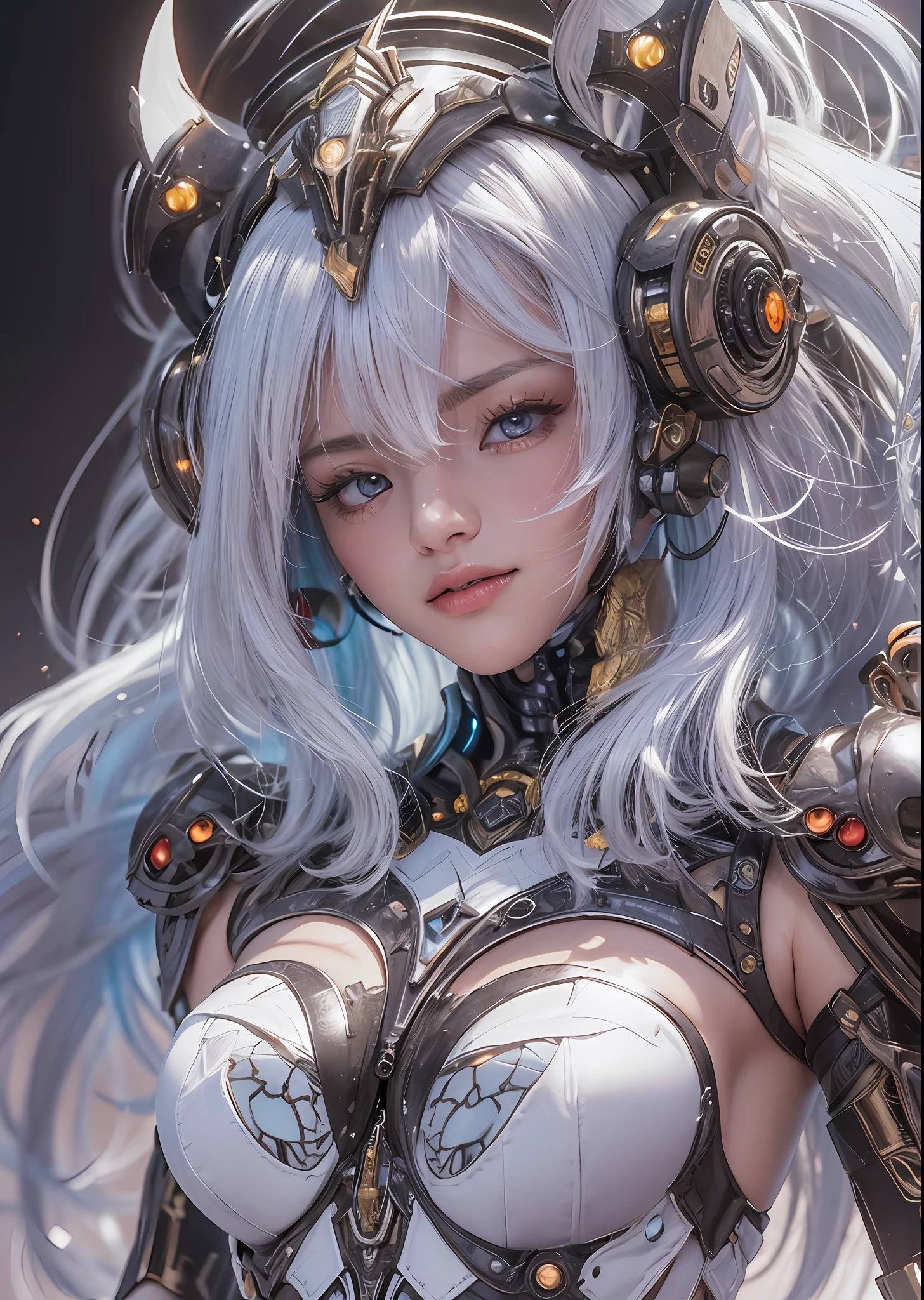 top-quality、masterpiece、超A high resolution、(Photorealsitic:1.4)、Raw photo、Battle Cyborg Angel、large wings made of metal、White porcelain body、Acrylic Clear Cover、white hair、glowy skin、1 Cyborg Girl、((super realistic details))、portlate、globalillumination、Shadow、octan render、8K、ultrasharp、character edge light,Colossal tits、Raw skin is exposed in cleavage、Details of complex ornaments、Egyptian Detail、Hydraulic cylinder、Small LED lamp、highly intricate detail、Realistic light、a purple eye、radiant eyes、Facing the camera、neon details、cowboy shot、Futuristic headgear、About Cyberpunk、、