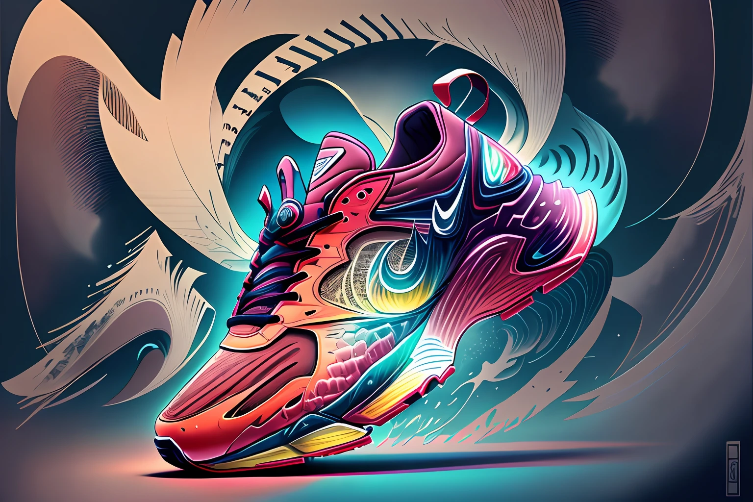 A sleek, modern sneaker which the athlete can run speed of sound rendered in vector art, with a vibrant color palette and intricate details, creating an eye-catching shape. --auto --s2