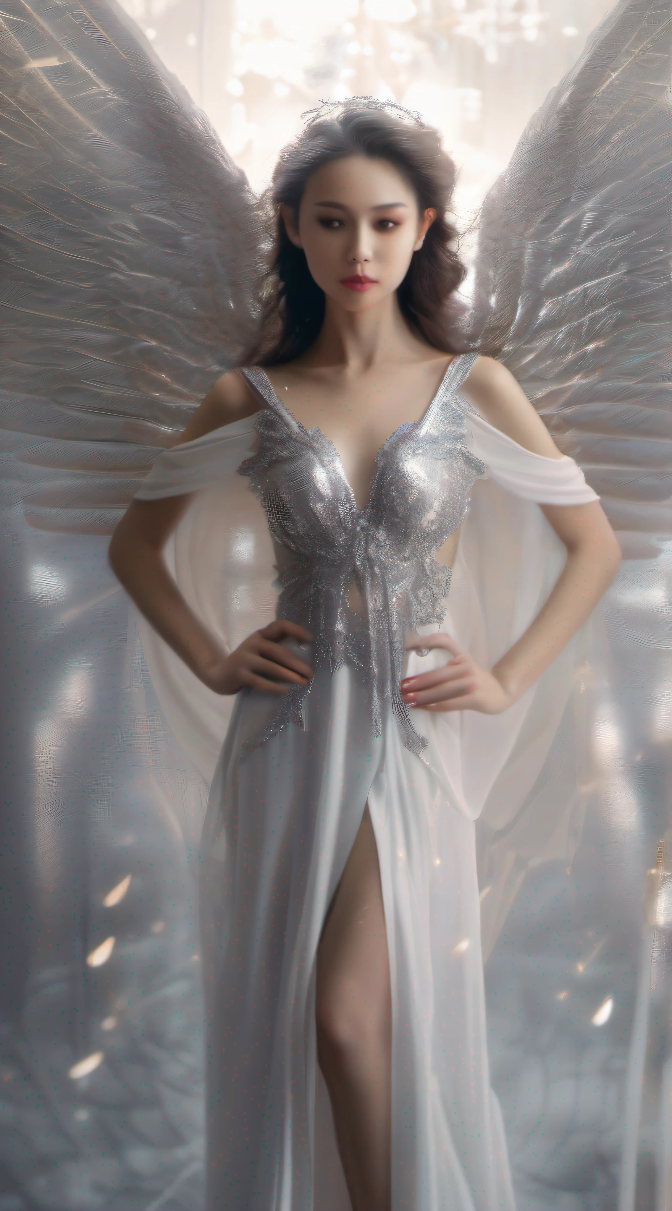Arad woman in silver dress,With angel wings, ethereal wings, young wan angel, Ethereal beauty, wearing angel, beautiful angel, gorgeous chinese models, angelic wings on her back, Portrait of a beautiful angel, Soft ethereal lighting, beautiful angel, beautiful female angel, full - body majestic angel, a stunning young ethereal figure, with beautiful wings