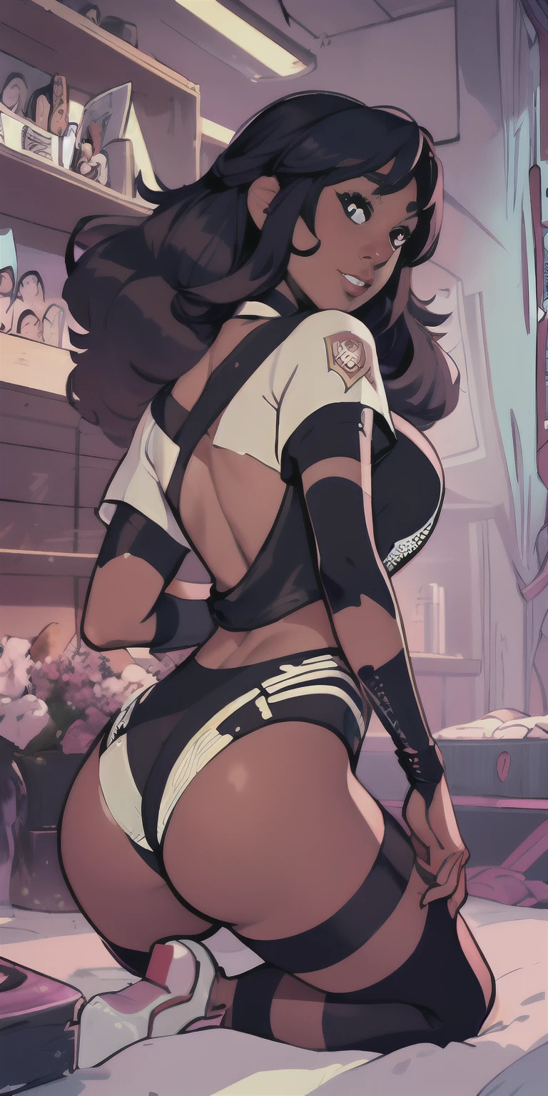 A enchanting passionate unforgettable portrayal of an alluring Connie Maheswaran, 25-year-old, dark mahogany-skinned female,) charismatic presence, center of attention, strong, sensuous, well-built, hourglass physique, confidence, allure, tight dragonbraid, flowing wavy black hair, down her back (elegance), oblong-shaped face, flirtatious smirk, light black eyes (vivacity), narrow convex hooked nose (uniqueness), stand out in the crowd.):: gogo-dancing, cage, hypnotic, showoff, enticing hips and rear, mesmerizing rhythm, attentions drawing, playfulness, over her shoulder,alluring performer. cosplay outfit, Dizzyms, physique accentuating, and star of the night. ::((asymmetrical ribbons, wings, (fantasy and playfulness), yellow choker, thigh-highs (sensuality.) hip gem tattoo( uniqueness), )).:: nightclub backdrop, atmosphere is lively and energetic, pulsating music, Neon lights, various colors and patterns, electric and captivating ambiance. excitement and admiration, dance floor. visual effects, vibrant and engaging scene. digital masterpiece, Unreal Engine, Octane Render, and Cryengine 5. attention to detail brings out the complexity of Connie's hair and body paint, making her stand out as a true work of art in the crowded nightclub. The gem tattoo on her skin adds an element of mystery