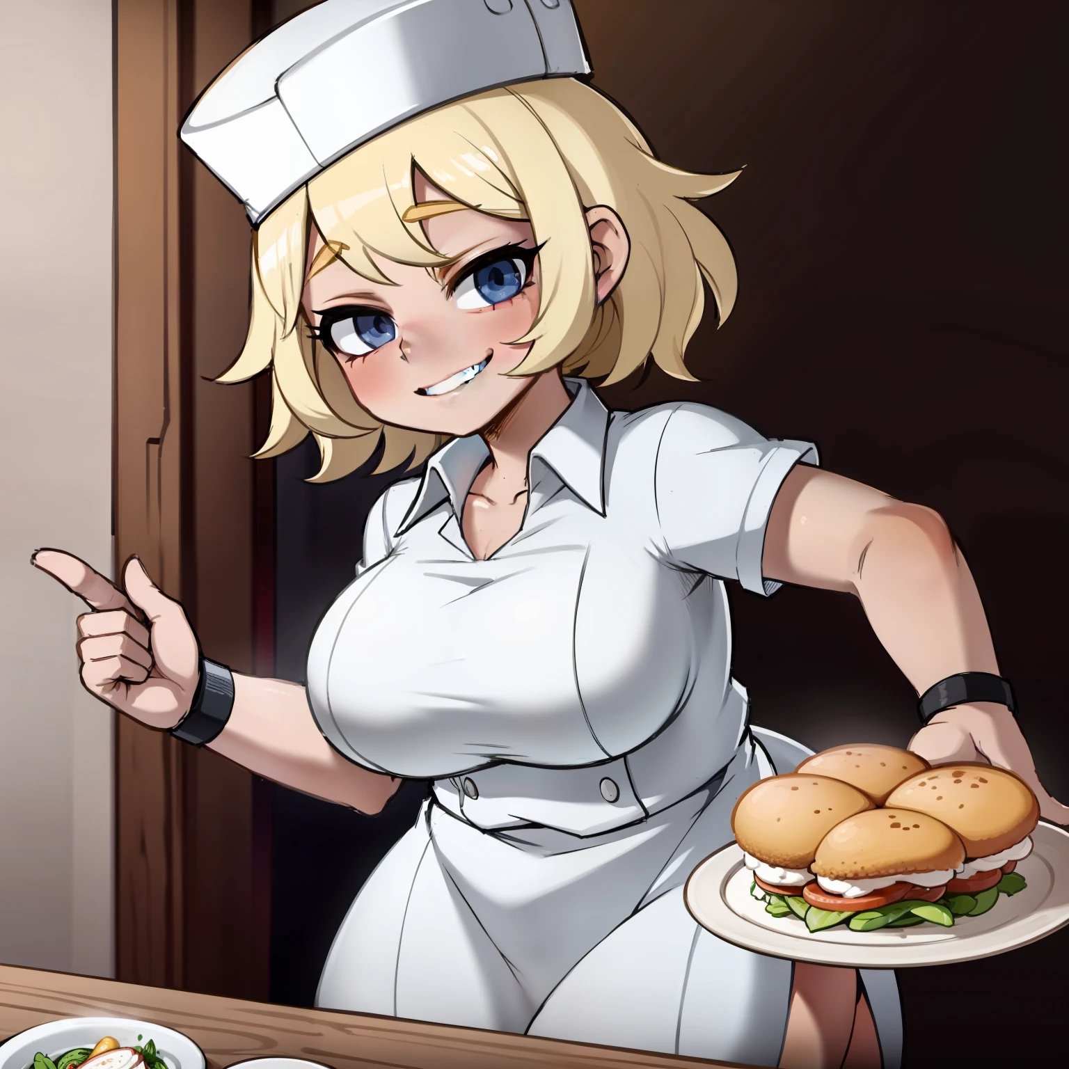 1woman, tanned skin,(chef outfit), blonde pixie cut, chef hat, chubby figure