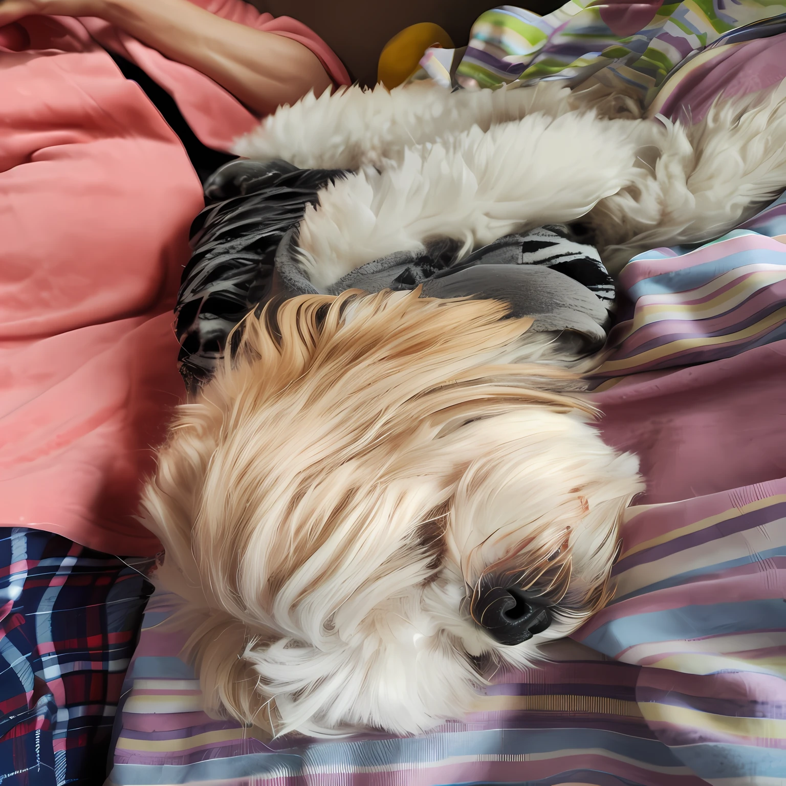 There is a dog lying on a bed with a person sleeping in the background, she is laying on her back, com uma praia ao fundo