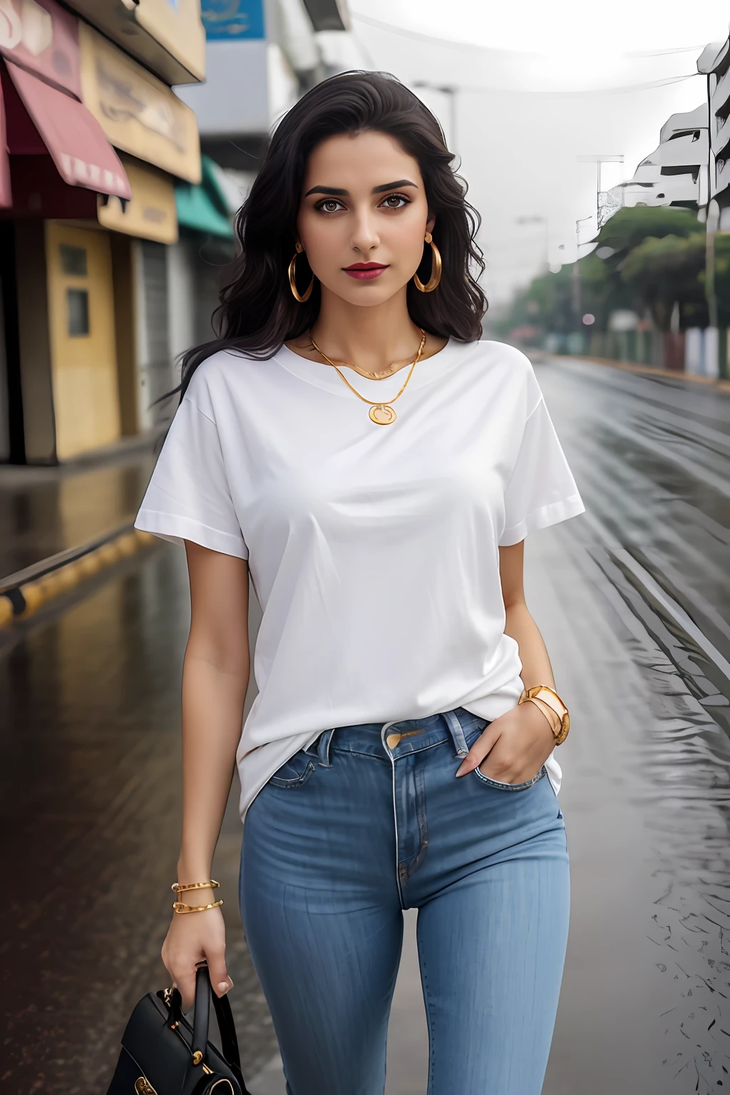 (RAW photo, realism: 1.8), (dark lip gloss, light red lipstick, many eyelashes, dark black eye shadow, shy, blushing, high quality, high resolution, depth of field, chromatic aberration, caustic, wide light, natural colors, 25 year old woman), neck thin gold chain, small earrings, gold bracelets, wear many accessories, large toned breasts, style A good woman,
((Best Quality, 8k, Masterpiece:1.3)), Focus: 1.2, Perfect Body Beauty: 1.4, Arabian 30 years old woman: 1.2, ((Short silky Hairs)), (Purple baggy basic tee-shirt:1.1), basic full body length tee-shirt, grey skinny damage jeans, long jeans: 1.1, Highly detailed face and skin texture, Detailed eyes, Double eyelids, toned body, Whitened skin, minor smile, large breasts, toned legs, beautiful detailed feets, long heel's, detailed feets and fingers, perfect feet's, toned legs, whitened skin, detailed sharp eyes and face, middle eastern woman, baggy basic tee-shirt, simple plain Baggy Tee-shirt, toned hips, 8K UHD, thin gold chain in neck, model looks, standing at ((Tariq Road Karachi)) carrying brown leather hand bag, rainy weather, wearing wrist watch, bracelet, bangle's open legs style Posing, rainy atmosphere, standing at Tariq Road Karachi,