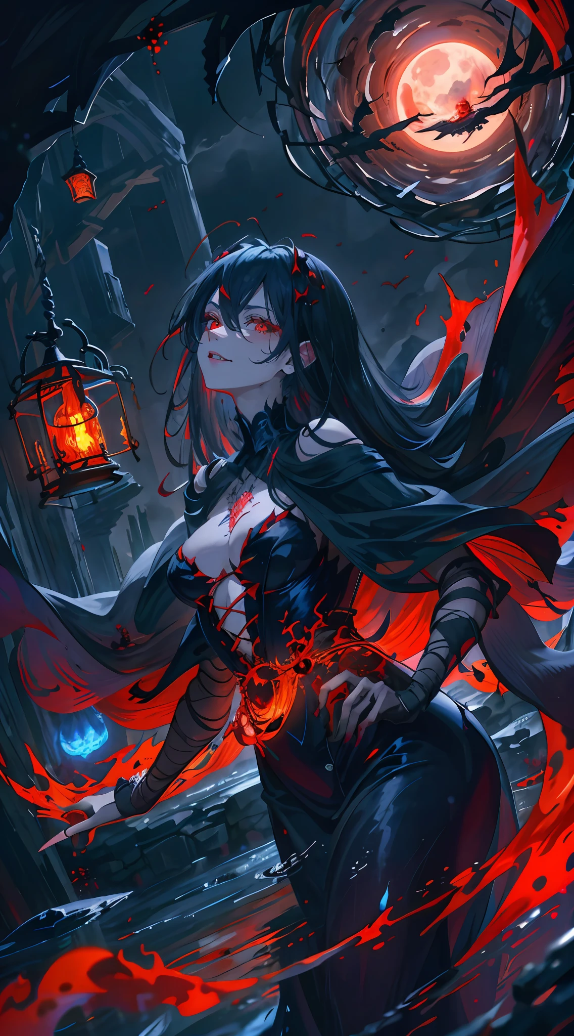 (hoang lap, A high resolution, ultra - detailed), 1girll, 独奏, Extremely detailed eyes, Colorful, highest details, (Style swirl magic: 0.8), (Skeleton Undead:0.6), paleskin, sportrait, (bloody scars:0.7), head looking up, 独奏, Half shot, dynamicposes, detailedbackground, evilsmile, succubi, The demons, Flowing makeup, Red cloud, Combat posture, Robe of the Night, Cape Satan, Dark cave, Sinister atmosphere, gothic theme, Messenger of false light, arachne, spiderwebs, Dark magic, decadent, Evil energy emanated, Dark magic colors freeze in waves in the air, 锁链, waxy candles, evil symbols, Striped hair, Black hair, Messy hair, bandage on, Heterochromia, Red eyes, Evil smile, arachne, spiderwebs, Spider eggs, hyper HD, retinas, Masterpiece, ccurate, Anatomically correct, Textured skin, Best quality, A high resolution, Super detail, High details, High quality, Award-Awarded, A high resolution, 8K