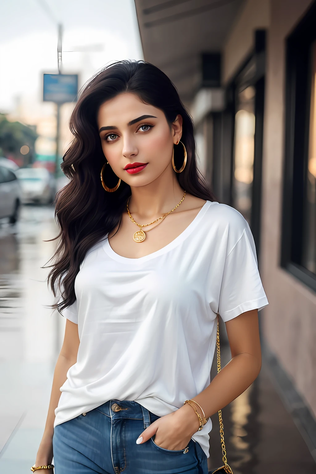 (RAW photo, realism: 1.8), (dark lip gloss, light red lipstick, many eyelashes, dark black eye shadow, shy, blushing, high quality, high resolution, depth of field, chromatic aberration, caustic, wide light, natural colors, 25 year old woman), neck thin gold chain, small earrings, gold bracelets, wear many accessories, large toned breasts, style A good woman,
((Best Quality, 8k, Masterpiece:1.3)), Focus: 1.2, Perfect Body Beauty: 1.4, Arabian 30 years old woman: 1.2, ((Short silky Hairs)), (Purple baggy basic tee-shirt:1.1), basic full body length tee-shirt, grey skinny damage jeans, long jeans: 1.1, Highly detailed face and skin texture, Detailed eyes, Double eyelids, toned body, Whitened skin, minor smile, large breasts, toned legs, beautiful detailed feets, long heel's, detailed feets and fingers, perfect feet's, toned legs, whitened skin, detailed sharp eyes and face, middle eastern woman, baggy basic tee-shirt, simple plain Baggy Tee-shirt, toned hips, 8K UHD, thin gold chain in neck, model looks, standing at ((Tariq Road Karachi)) carrying brown leather hand bag, rainy weather, wearing wrist watch, bracelet, bangle's open legs style Posing, rainy atmosphere, standing at Tariq Road Karachi,