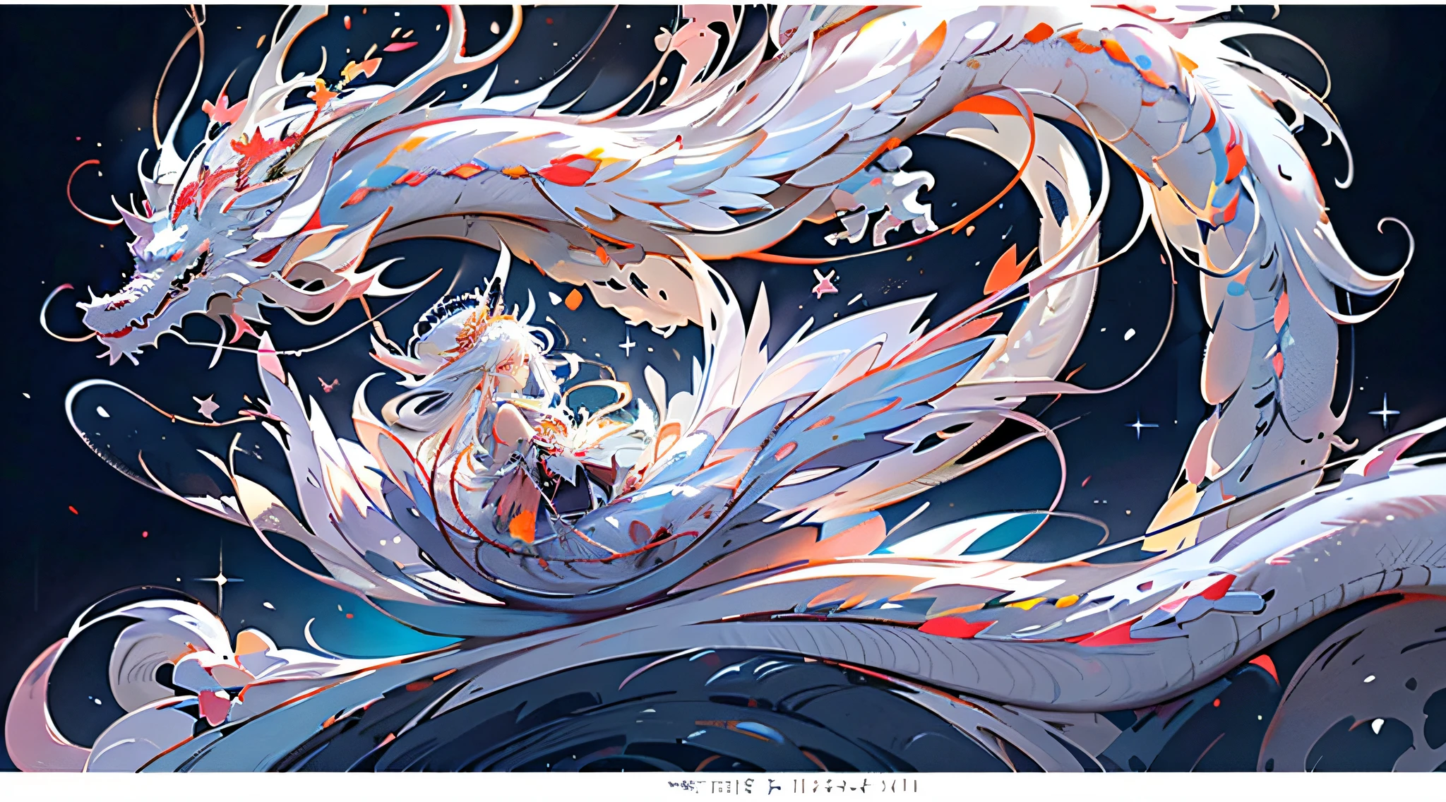 Several white dragons covered in white scales coiled together in their clothes(The fairy sits on it),long hair flowing,A fairy with delicate facial features,Wear a long dress with clear and delicate layers,Beautiful headdress,HD fix,8K,k hd