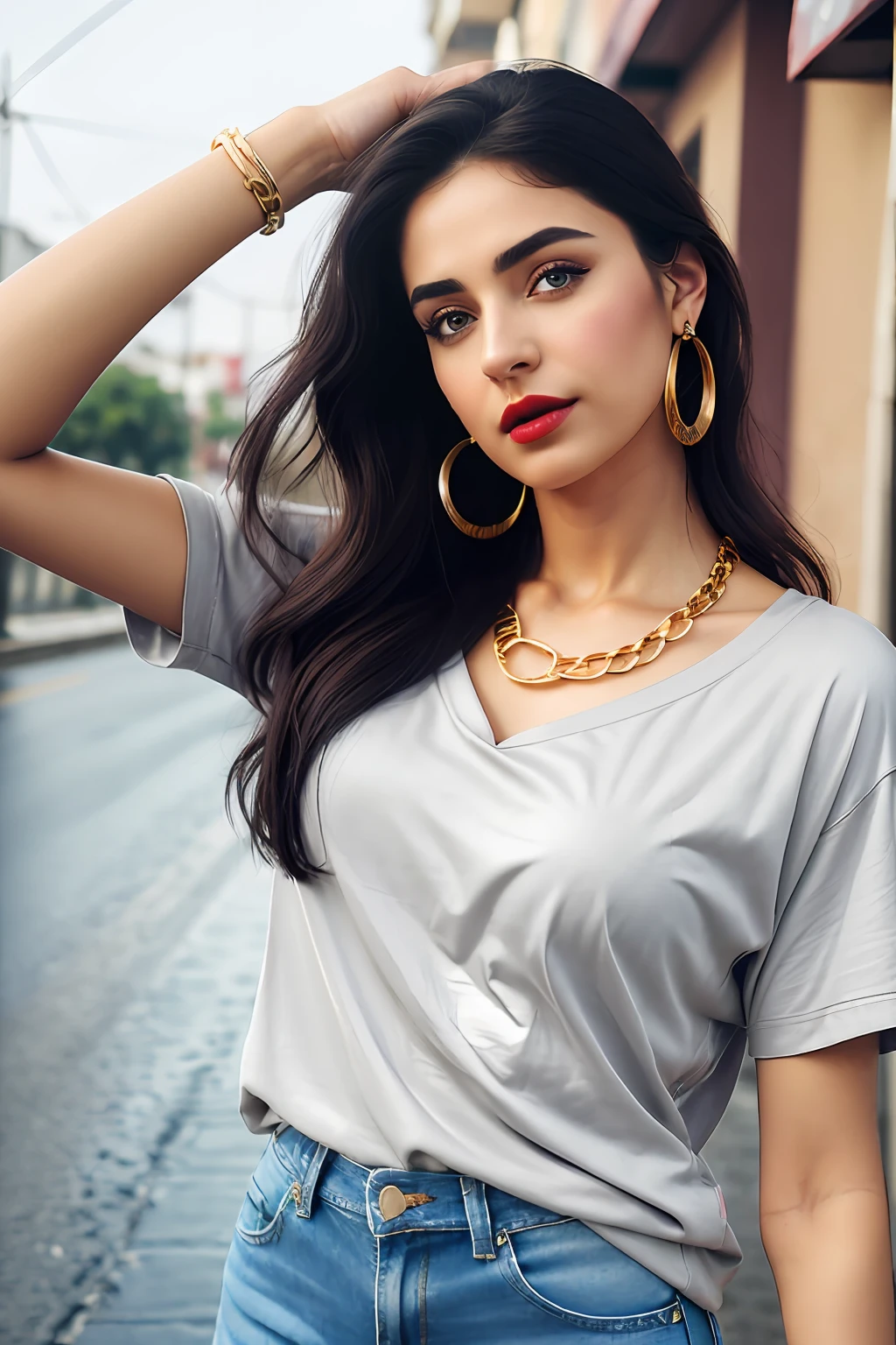 (RAW photo, realism: 1.8), (dark lip gloss, light red lipstick, many eyelashes, dark black eye shadow, shy, blushing, high quality, high resolution, depth of field, chromatic aberration, caustic, wide light, natural colors, 25 year old woman), neck thin gold chain, small earrings, gold bracelets, wear many accessories, large toned breasts, style A good woman,
((Best Quality, 8k, Masterpiece:1.3)), Focus: 1.2, Perfect Body Beauty: 1.4, Arabian 30 years old woman: 1.2, ((Short silky Hairs)), (Purple baggy basic tee-shirt:1.1), basic full body length tee-shirt, grey skinny damage jeans, long jeans: 1.1, Highly detailed face and skin texture, Detailed eyes, Double eyelids, toned body, Whitened skin, minor smile, large breasts, toned legs, beautiful detailed feets, long heel's, detailed feets and fingers, perfect feet's, toned legs, whitened skin, detailed sharp eyes and face, middle eastern woman, baggy basic tee-shirt, simple plain Baggy Tee-shirt, toned hips, 8K UHD, thin gold chain in neck, model looks, standing at ((Tariq Road Karachi)) carrying brown leather hand bag, rainy weather, wearing wrist watch, bracelet, bangle's open legs style Posing, rainy atmosphere, standing at Tariq Road Karachi,