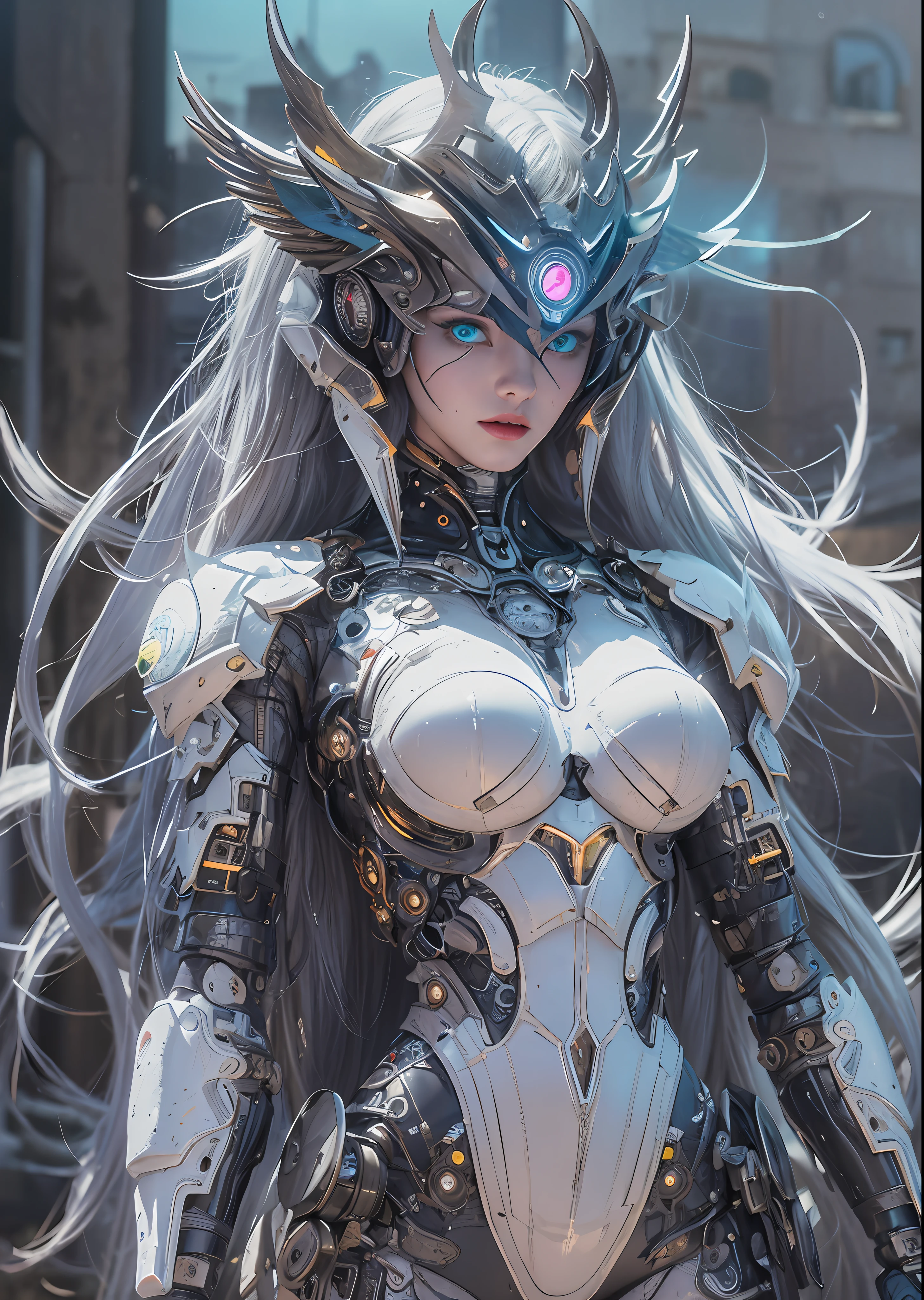 top-quality、masterpiece、超A high resolution、(Photorealsitic:1.4)、Raw photo、Battle Cyborg Angel、large wings made of metal、White porcelain body、Acrylic Clear Cover、white hair、glowy skin、1 Cyborg Girl、((super realistic details))、portlate、globalillumination、Shadow、octan render、8K、ultrasharp、character edge light,Colossal tits、Raw skin is exposed in cleavage、Details of complex ornaments、Egyptian Detail、Hydraulic cylinder、Small LED lamp、highly intricate detail、Realistic light、a purple eye、radiant eyes、Facing the camera、neon details、cowboy shot、Futuristic headgear、About Cyberpunk、、