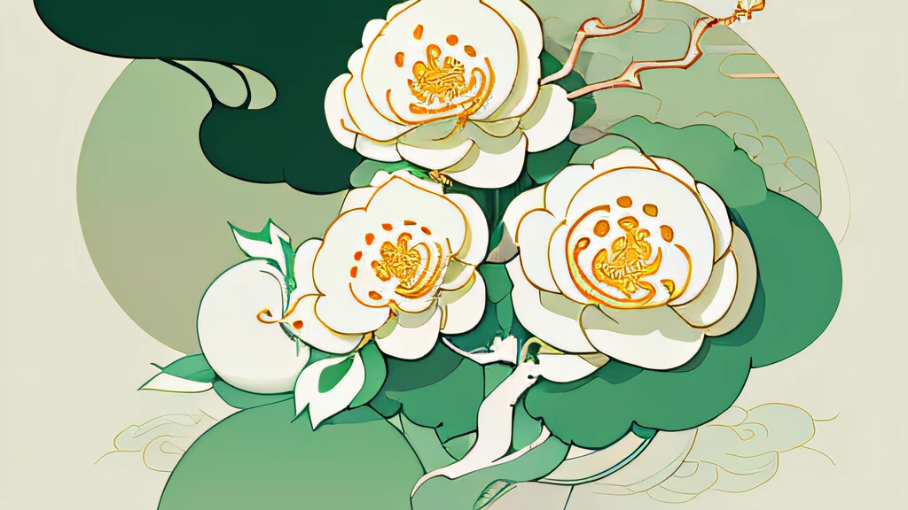abstract paintings、(Zen Buddhism、Amy Sol Style)、(Winters)、(Green Tree、White camellia flowers、rivulets)、Light abstraction cover art、Simple vector art、Contemporary Chinese art、Color gradient、Soft color palette、Layered Forms、Whimsical animation、Style Ether Abstract