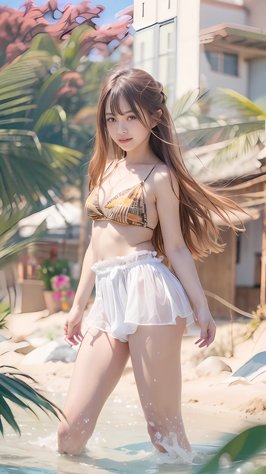 (top-quality、Top image quality、超A high resolution)、18year old、独奏、(flat-chest: 1.5)、(small tits)、(Fancy Micro Bikini)、small tit、cute smile face、with round face、Brown hair、Beautiful hairstyle、childlike 、Precise hands、Ultra-detailed and beautiful skin、Realistic and beautiful skin、Sandy beach and blue sky on background、Super detailed and beautiful face、Realistic young idol、Full body photo、thin-waist