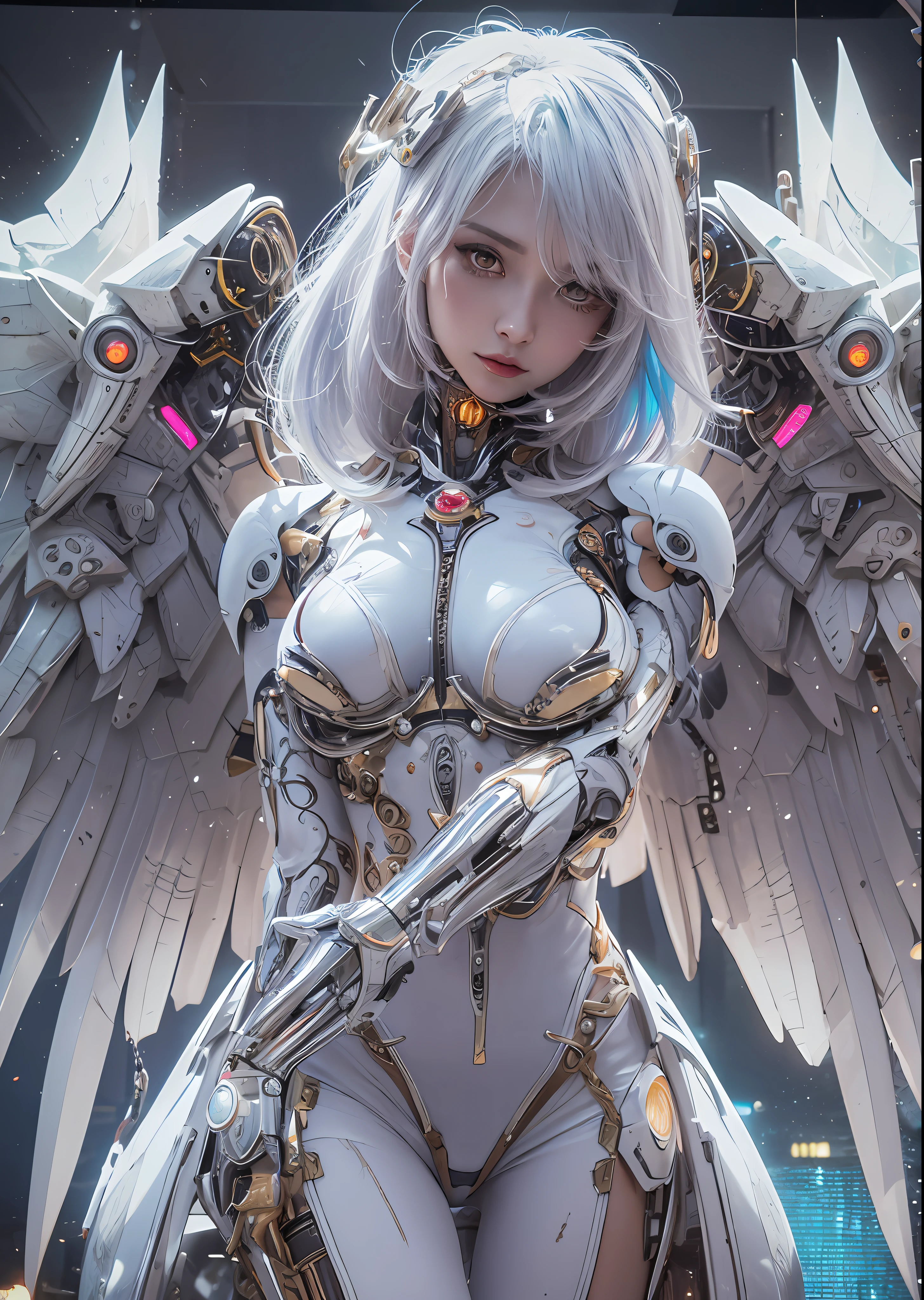 top-quality、masterpiece、超A high resolution、(Photorealsitic:1.4)、Raw photo、Battle Cyborg Angel、large wings made of metal、White porcelain body、Acrylic Clear Cover、white hair、glowy skin、1 Cyborg Girl、((super realistic details))、portlate、globalillumination、Shadow、octan render、8K、ultrasharp、character edge light,Colossal tits、Raw skin is exposed in cleavage、Details of complex ornaments、Egyptian Detail、Hydraulic cylinder、Small LED lamp、highly intricate detail、Realistic light、a purple eye、radiant eyes、Facing the camera、neon details、cowboy shot、Futuristic headgear、About Cyberpunk、、