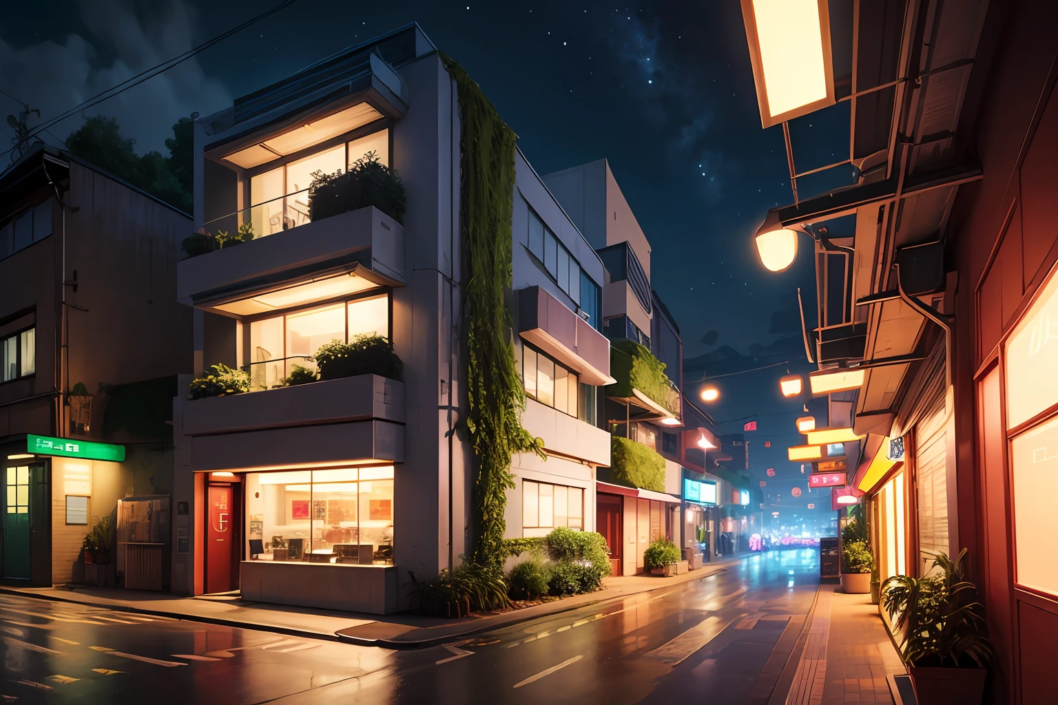 Ultra-modern futuristic industrial port city with lush vegetation, Night no, studio ghibli anime 、Neon Street、Arcade Street、