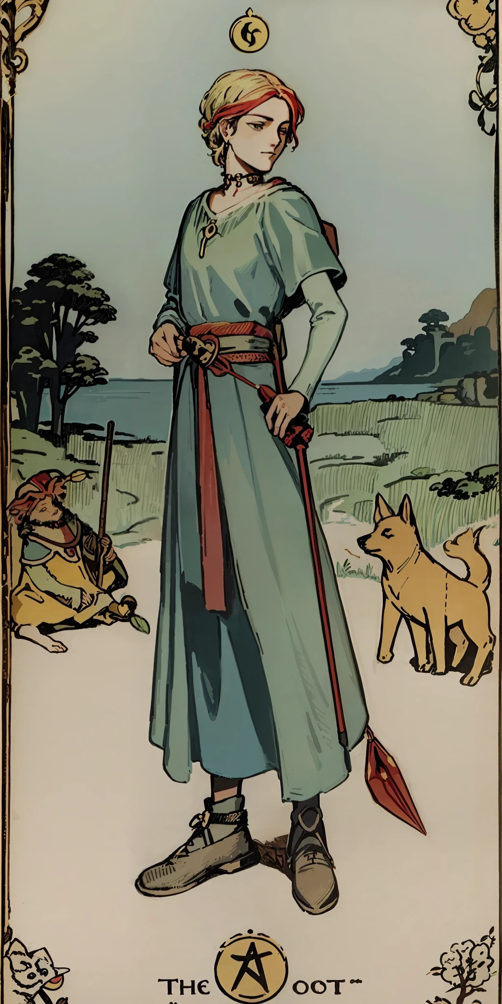 tarot card, the fool, woman, bindle, stick and bag, cliff, dog