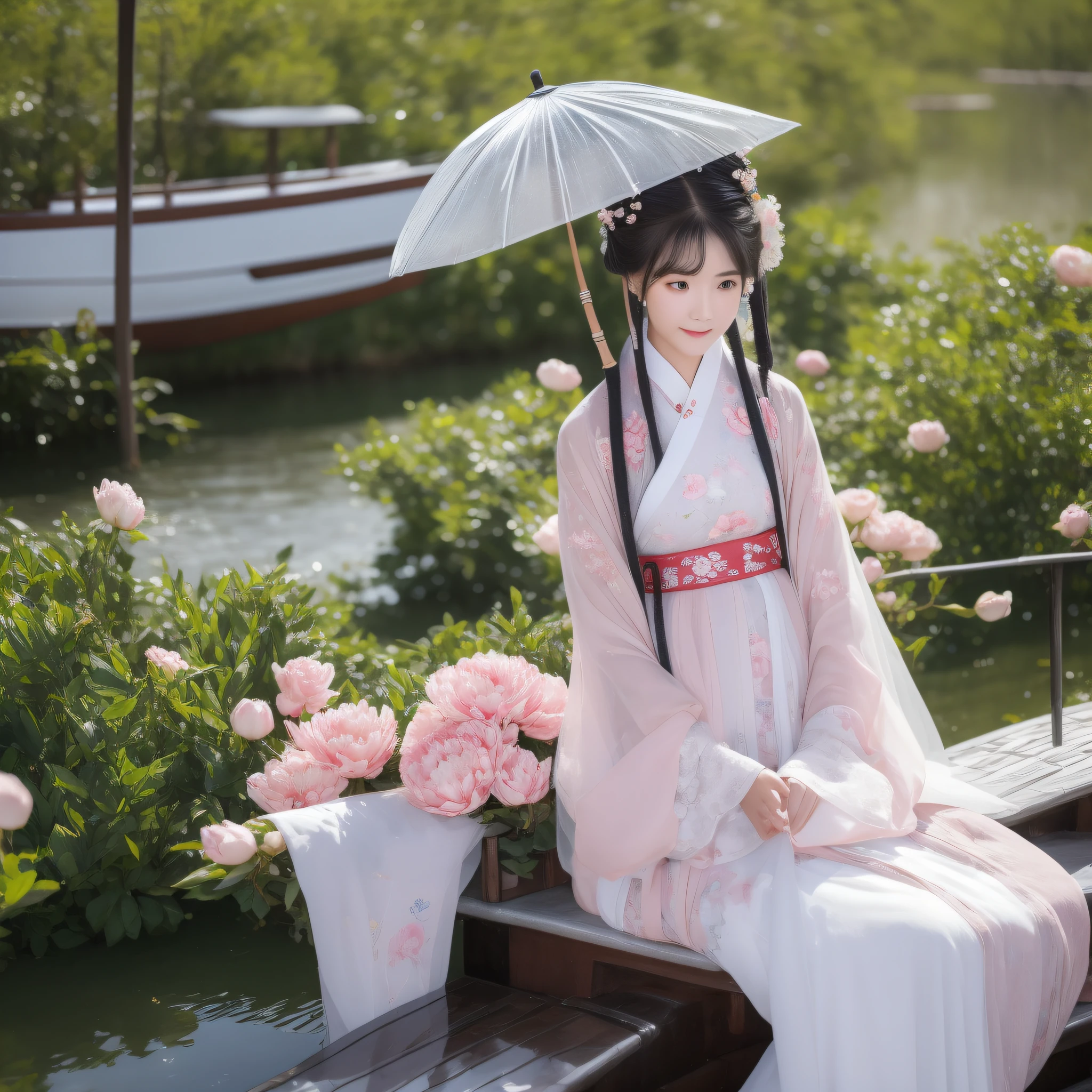 On a rainy day，The woman in Hanfu sits on the boat, Pick peony flowers with both hands