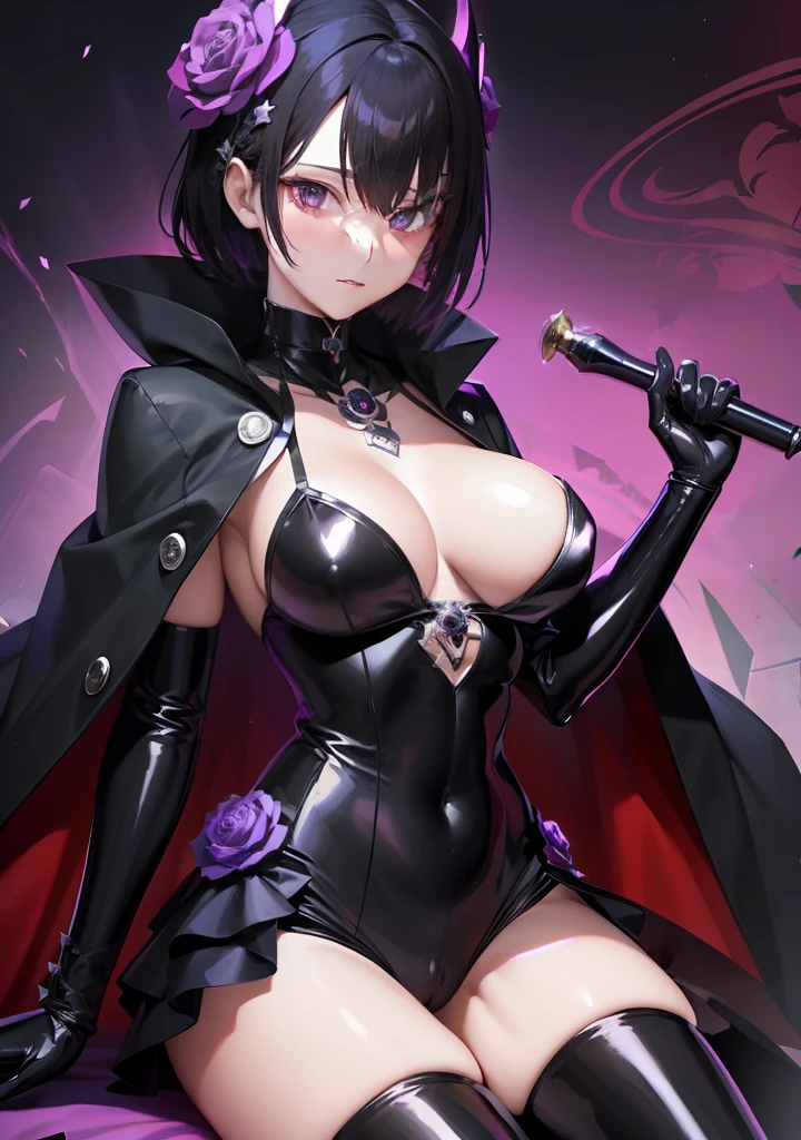 (masutepiece, Best Quality;1.3), ultra-detailliert, Rosemont, Digimon, The head is a rose flower. Cover his eyes. Black rose flowers. Female mouth. Black rubber suit.  exposure. Gloves and boots. Purple gemstones around her neck. Black cloak.holding a green whip with spines in his hand,,,