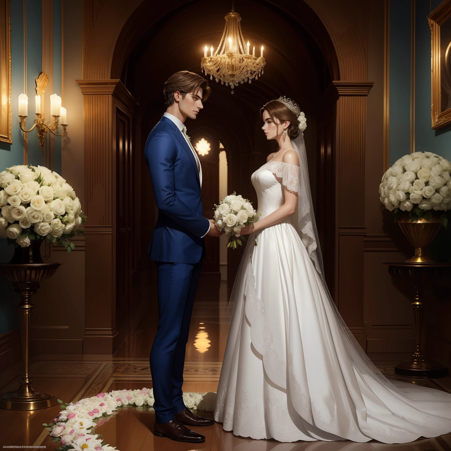 Casal se beija um home e uma mulher com muito carinho, the man Neels Visser is a prince who has light brown hair, wears a royal blue wedding suit and is in love with the commoner, the woman Lily Collins;, que tem cabelo castanho claro quase ruivo claro encaracolado e usa um vestido de noiva branco e lindo, Illustration of a novel book cover with a detailed background, liso, brilhante cheio de flores margaridas brancas cobertas de hera e rosas vermelhas, castelo, Ornate dress standing on a bed of roses, luz de aro, dynamic lighting, etherial lighting, ultra detalhe, arte conceitual, elegante, surreal, arte de Lisa Aisato, Greg Hildebrandt, Citemer Liu, Stjepan Sejic, Samyang, Aykut Aydogdu, Justin Gerard, Alphonse Mucha, Artgerm, WLOP e Greg Rutkowski