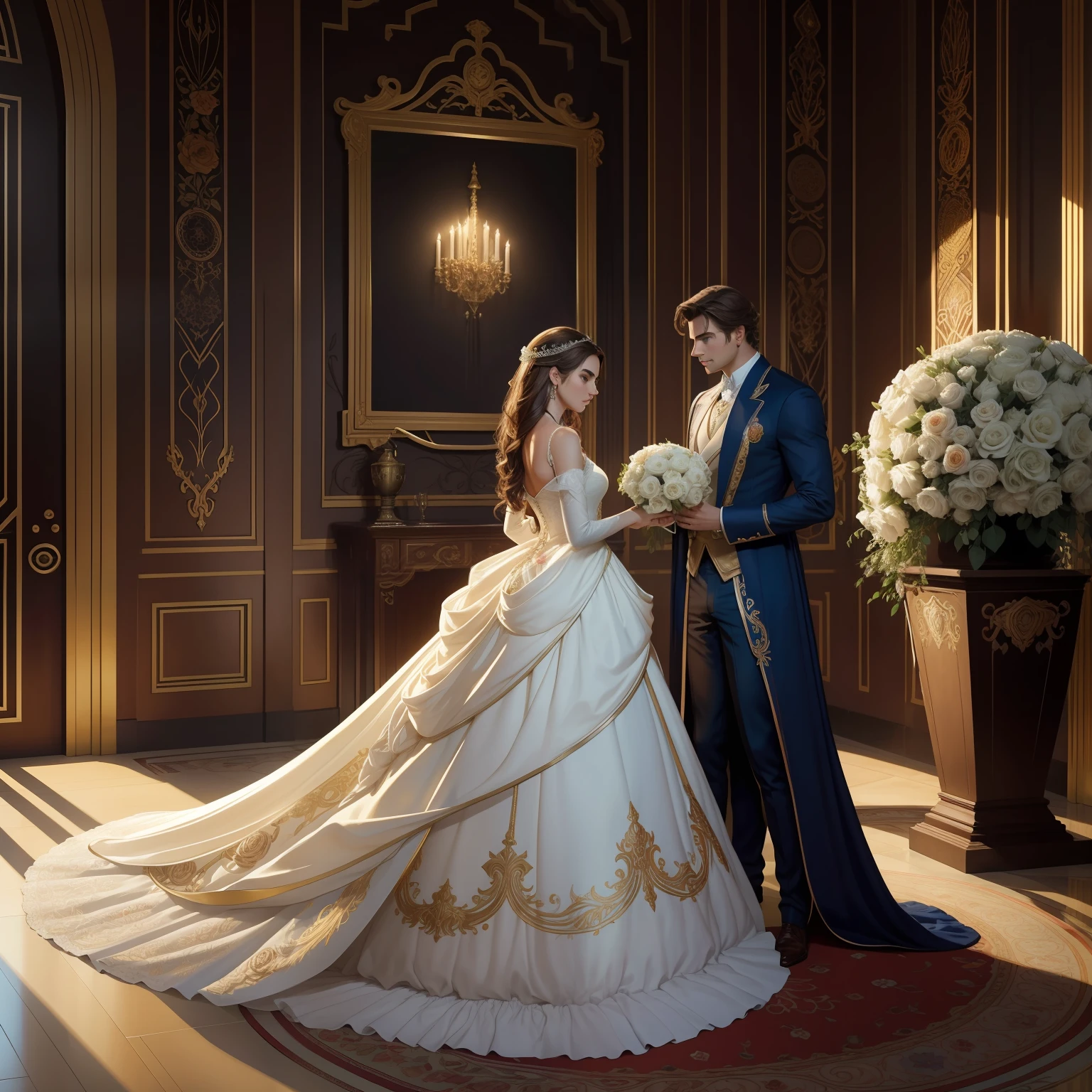 Casal se beija um home e uma mulher com muito carinho, the man Neels Visser is a prince who has light brown hair, wears a royal blue wedding suit and is in love with the commoner, the woman Lily Collins;, que tem cabelo castanho claro quase ruivo claro encaracolado e usa um vestido de noiva branco e lindo, Illustration of a novel book cover with a detailed background, liso, brilhante cheio de flores margaridas brancas cobertas de hera e rosas vermelhas, castelo, Ornate dress standing on a bed of roses, luz de aro, dynamic  lighting, etherial lighting, ultra detalhe, arte conceitual, elegante, surreal, arte de Lisa Aisato, Greg Hildebrandt, Citemer Liu, Stjepan Sejic, Samyang, Aykut Aydogdu, Justin Gerard, Alphonse Mucha, Artgerm, WLOP e Greg Rutkowski