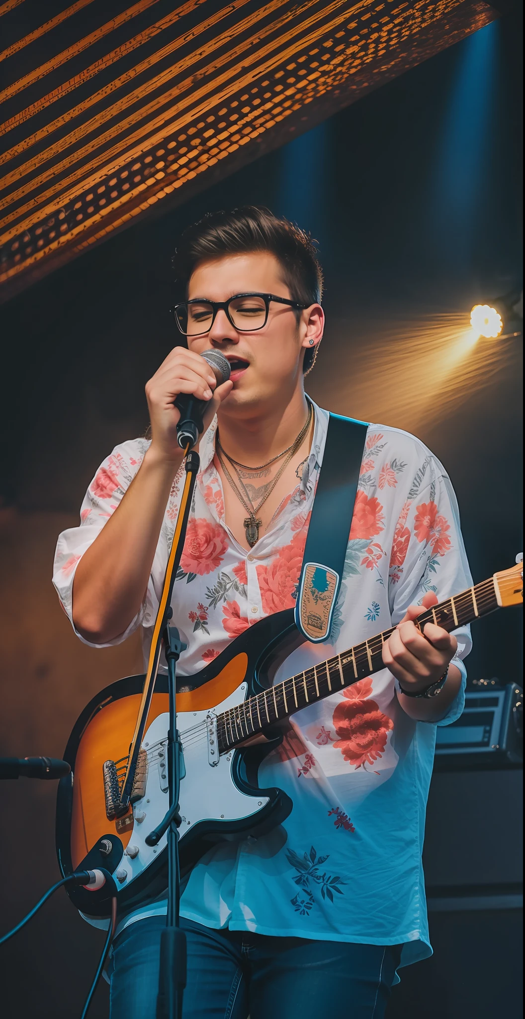Gentle，Play guitar on stage，Sings rock music，The lights shine