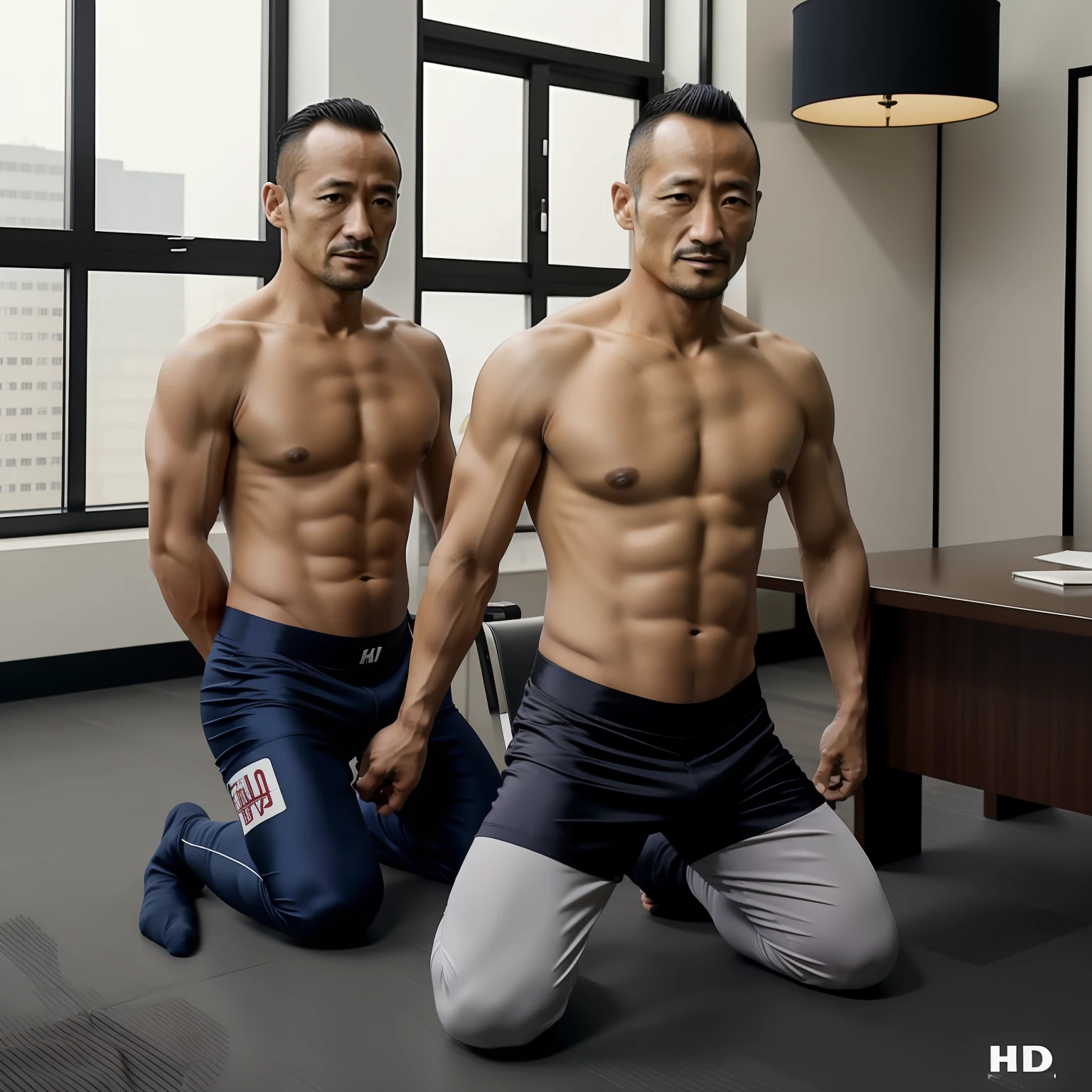 50yearsold，Hidetoshi Nakata，（Demo Mulroni 1.3），Shirtless，Tong，Bulge，office room，black long socks，Thin，musculature，lbeard，fortitude，artwork of a，tmasterpiece，k hd，ssmile，Kneeling，Silk pajamas