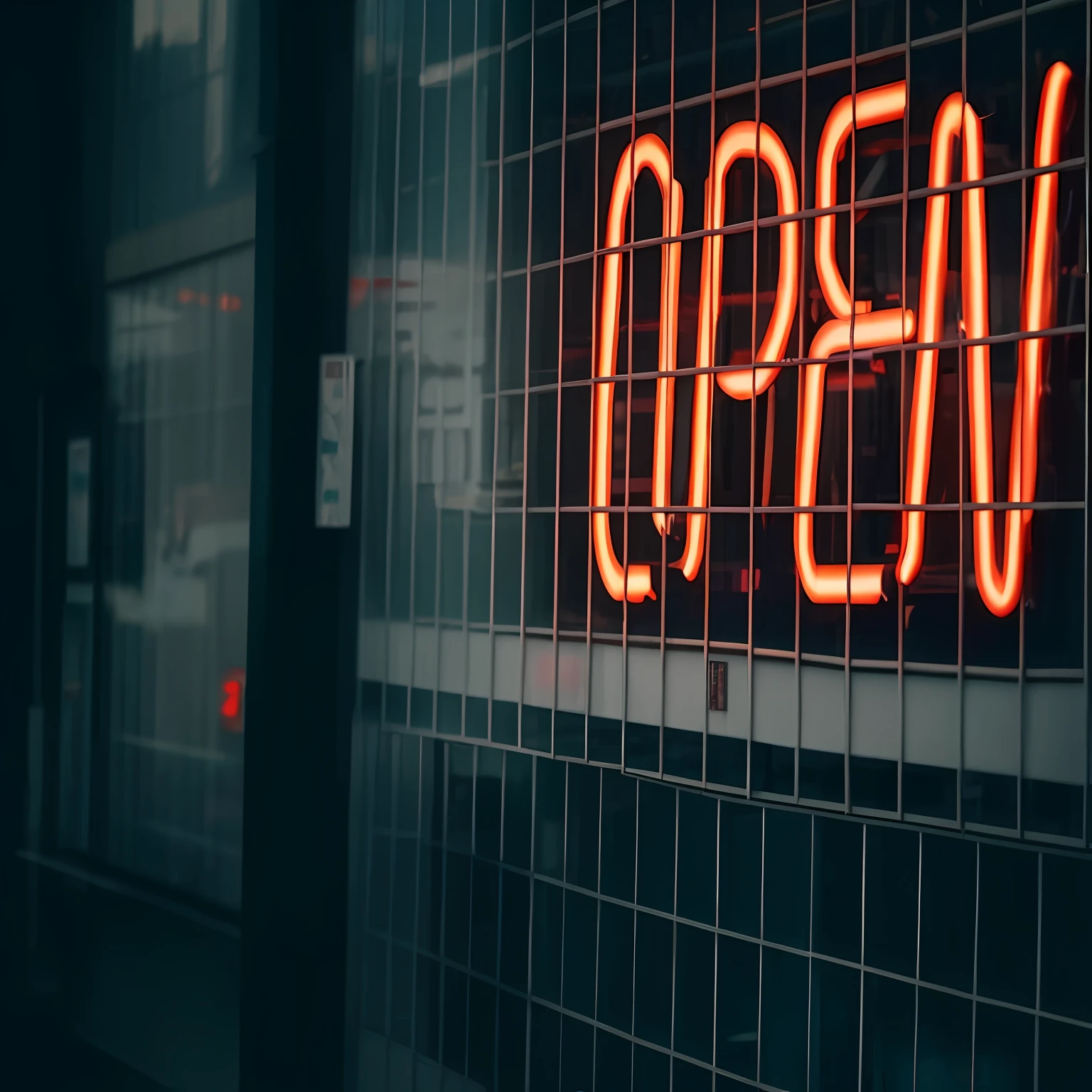 There is a neon sign on one side of the building，It says open, Neon signs, neon lights sign, Neon electronic signage, neon signs in background, Neon lights outside, Illuminated street signs, with neon signs, bright signage, Bright neon signage, Some have neon signs, red neon lights inside it, neonlight, the window is open, Several neon signs,