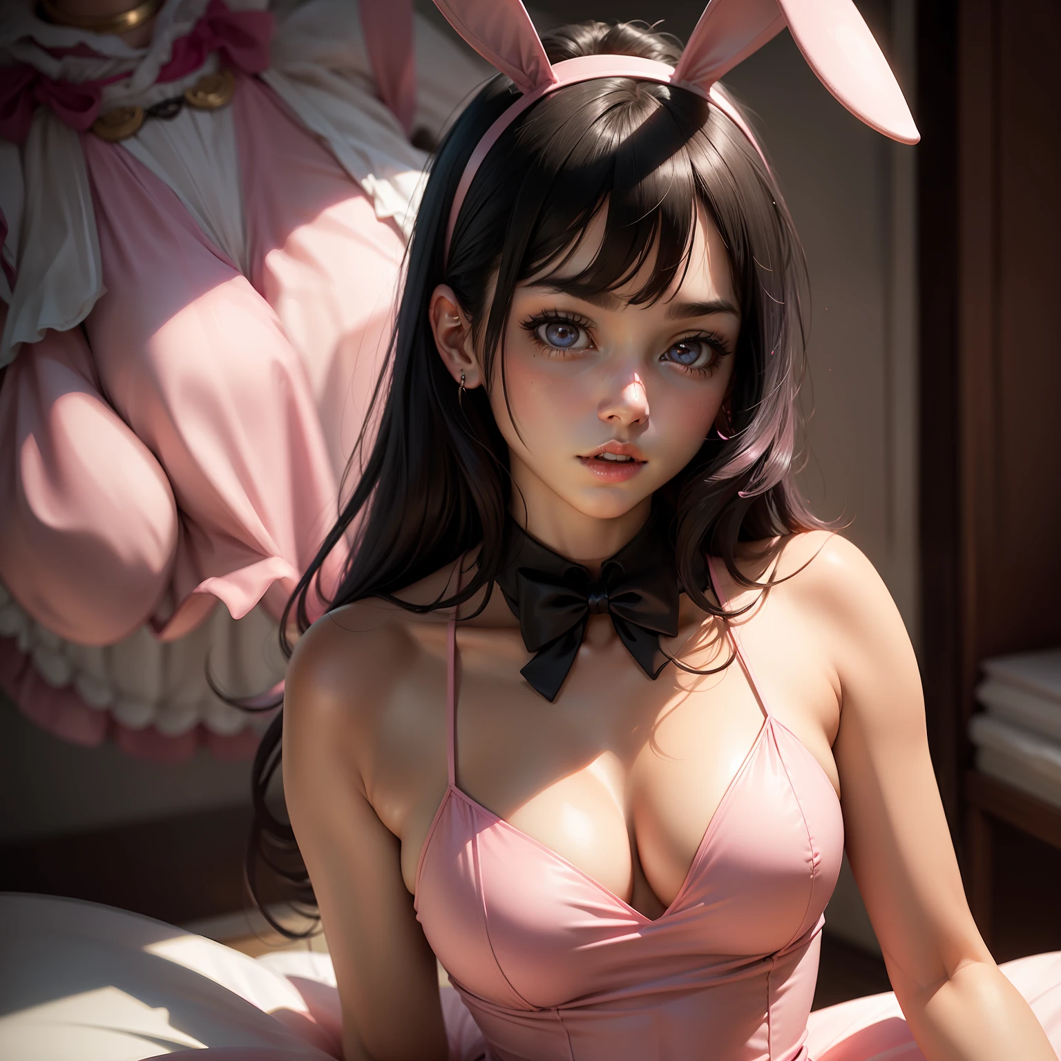 a women, pink bunny ears, black hair, pink eyes, pink dress