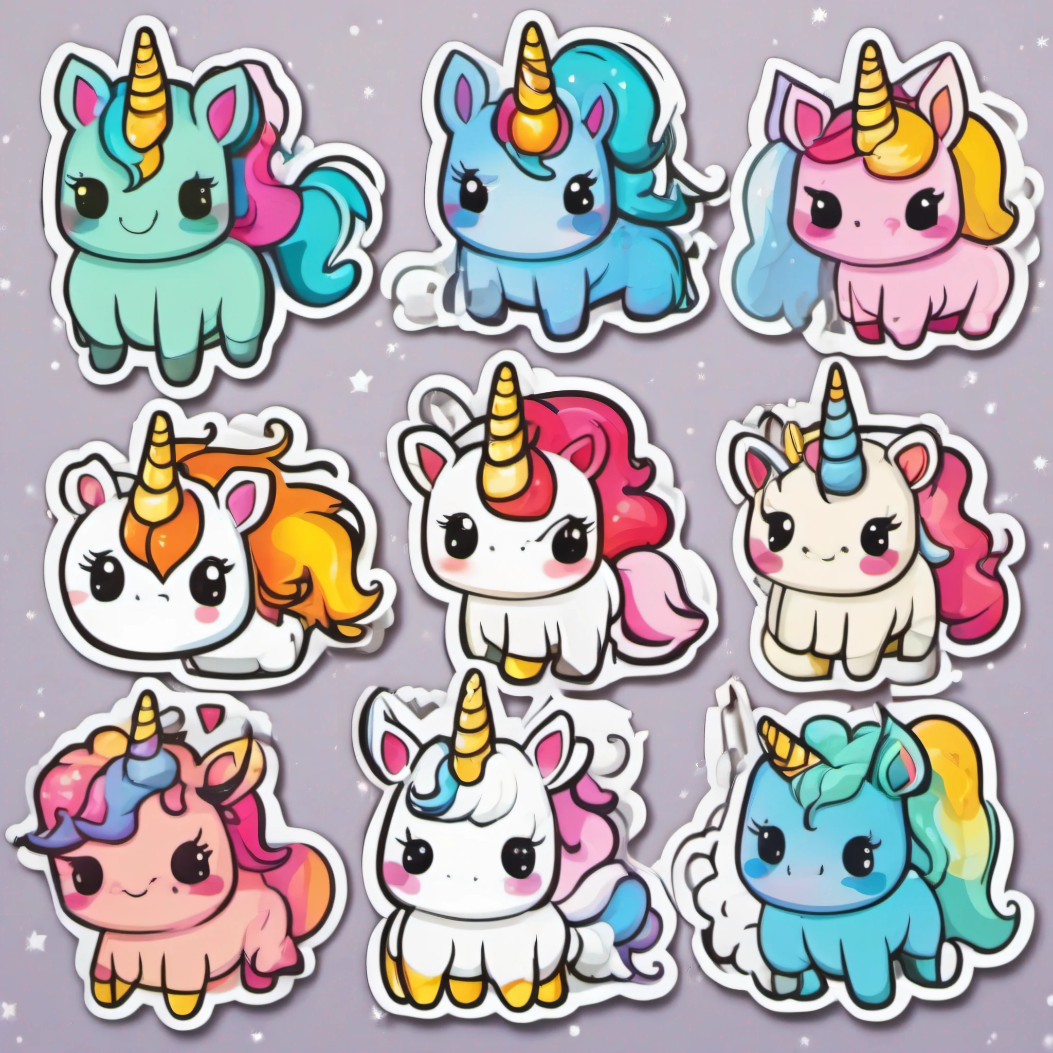 A set of 9 super cute kawaii unicorns stickers in a simple vector art 2D style with outlines on a white background.