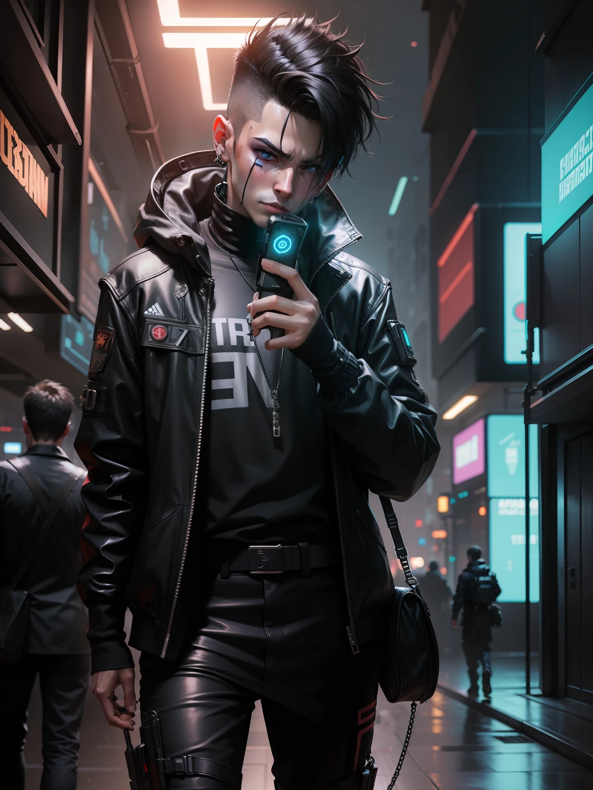 Change Background cyberpunk Hendsom boy, realistic face