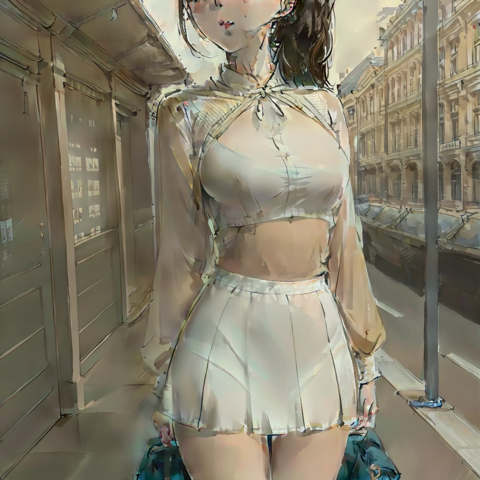 "Brunette student，Single ponytail，Realistic details，Perfect elegance，Stylish atmosphere，4k画质，Amazing，Short skirt panties，Perspective structure"