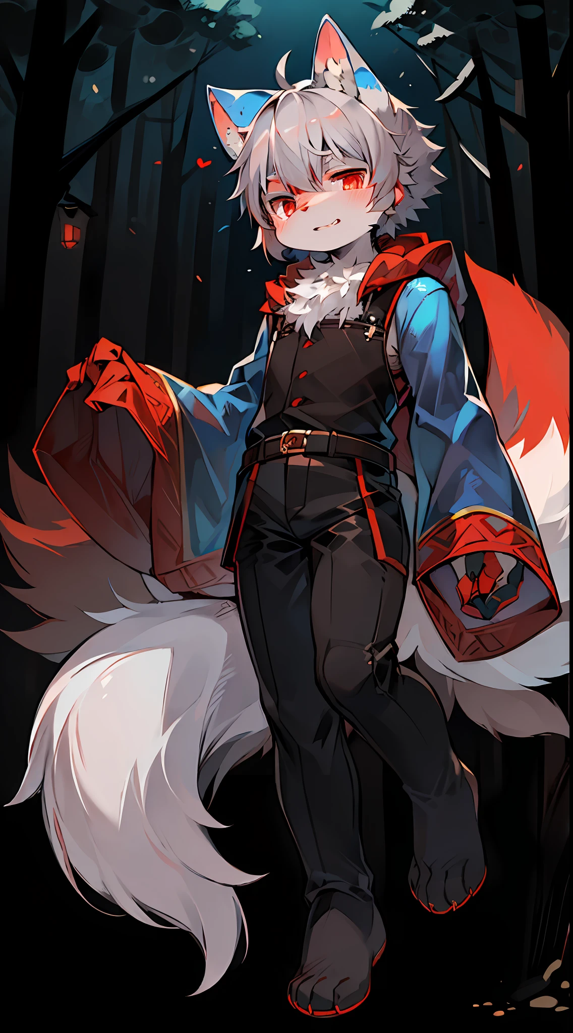 (ambiente dark:0.8),masterpiece,high quality,abstract res,digital painting\(artwork\), by dagasi, yupa,kiyosan,(anthro,fluffy fur,character focus:1.1),anthro male cat,short hair,portrait , eyes with brightness, in a panoramic view, Character focus.(detailedbackground:0.7), 独奏, shaggy, shaggy male, malefocus, anthr,(Full Body Furry, Fluffy tail, Blue fur, red color eyes, Gray hair:1.2), (long canines、Wolf fox、），（the night、ln the forest、）