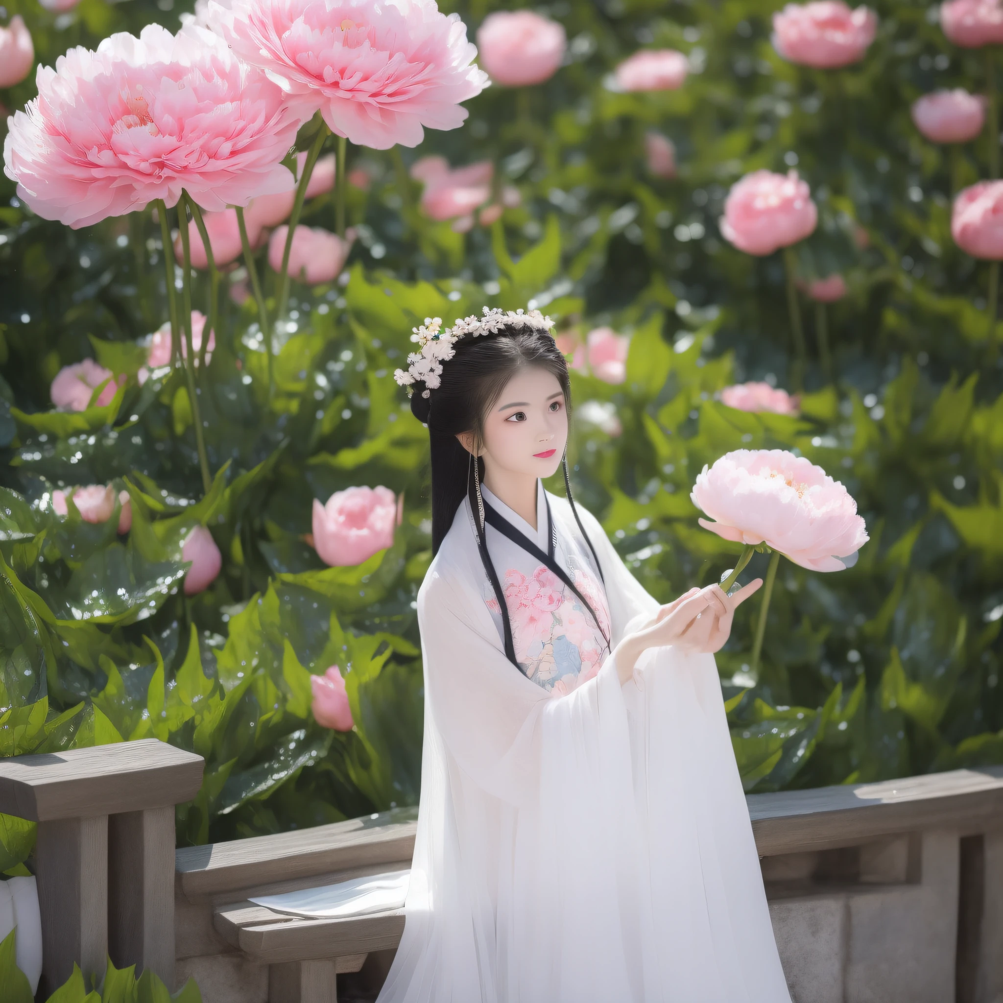 On a rainy day，The woman in Hanfu sits on the boat, Pick peony flowers with both hands