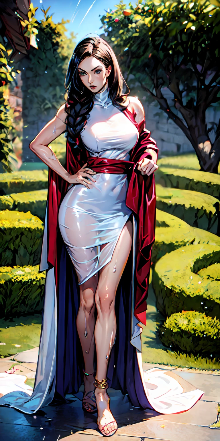 Full body art work of Megan Fox as a characters in Marvel vs Capcom style, wearing a translucent robe, soaking wet, hair in pig tails with red bows, turned on look on her face, touching her body